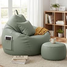 6XL Luxury Faux Leather Bean Bag with Footrest & Cushion | Pre-Filled High-Density Polystyrene Beans | Premium Leatherette |Teardrop Handle Design | 6 Months Warranty Color- SAGE Green
