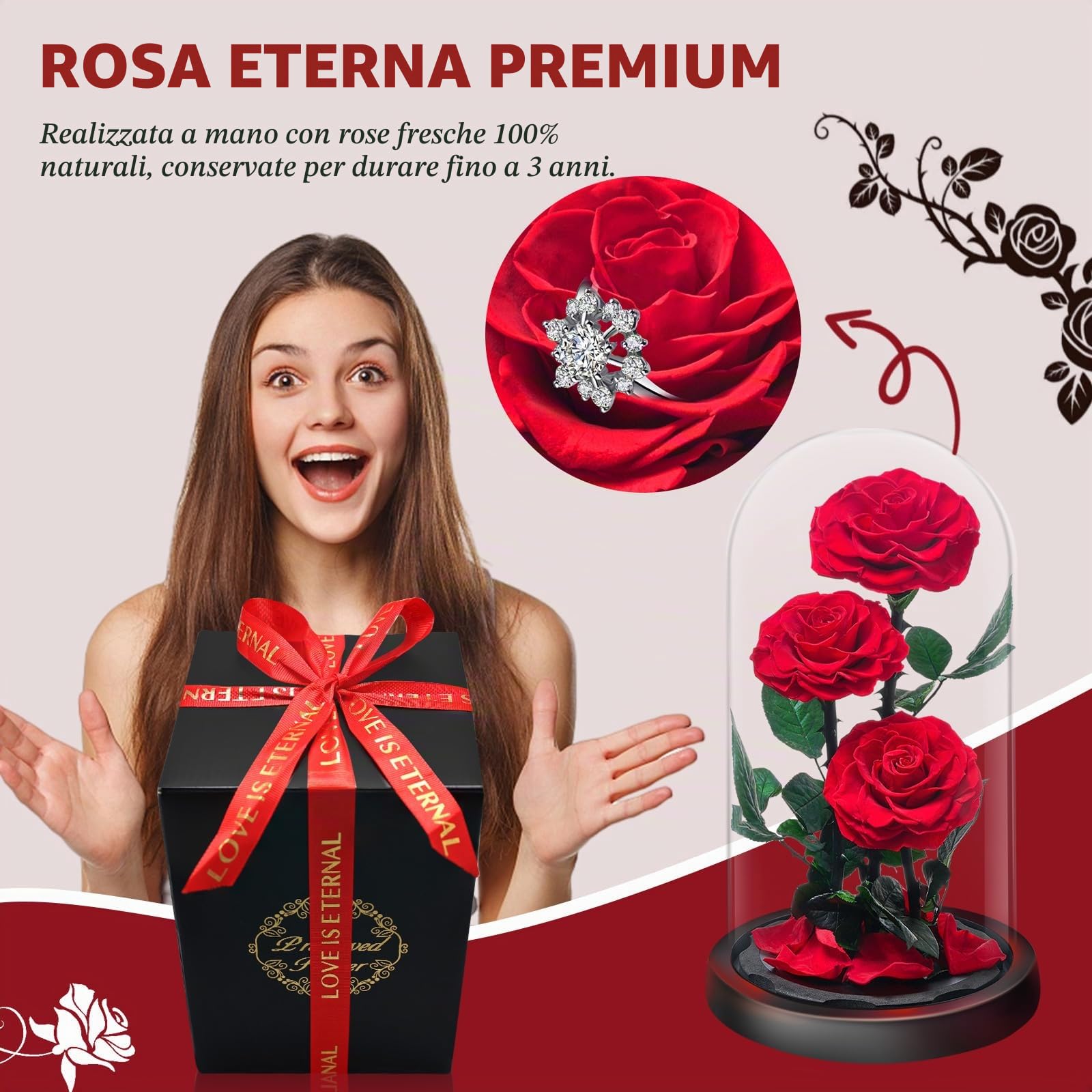 Rosa Stabilizzata Vera Regalo Donna in Cupola Vetro - Donna Regalo Compleanno, Rosa Eterna Idee Regalo Mamma Moglie Fidanzata Nonna, per San Valentino Anniversario Festa della Compleanno Natale