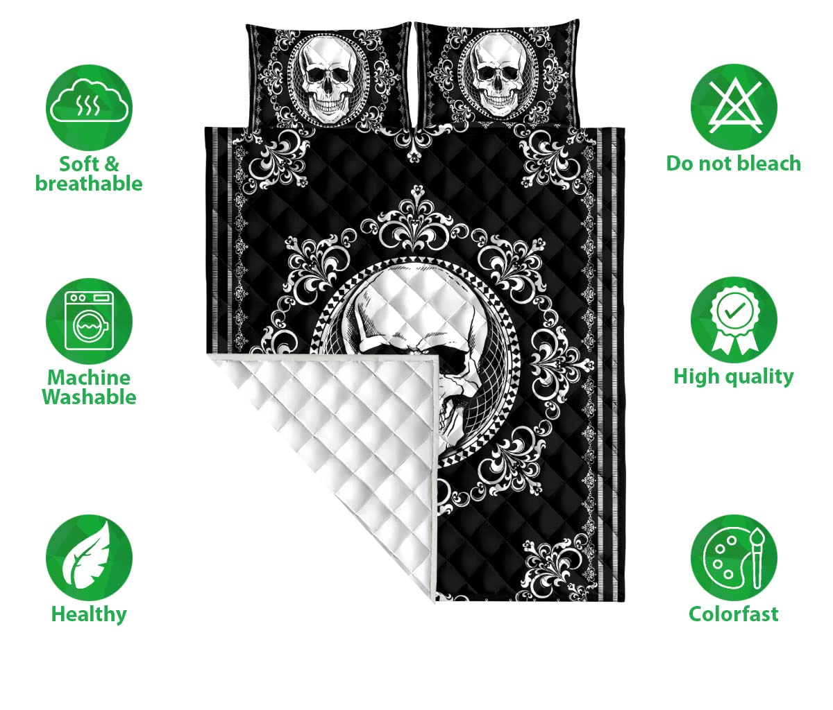 OhaPrints Death Skull Black and White Housewarming Unique Idea Quilt Blanket & Pillowcases, Quilts Bedding Set & Pillow Cover, King Queen Double Twin Throw Full Size Bedspread Bed Sets