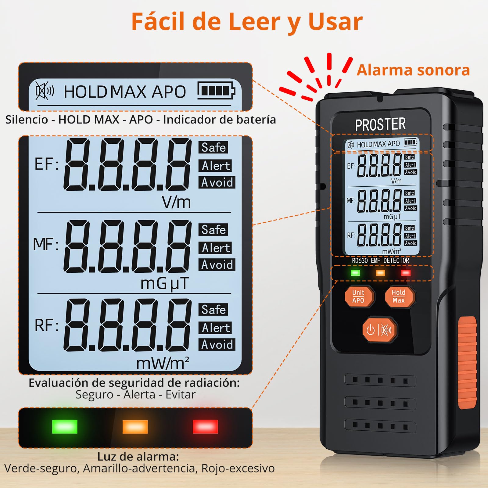 Proster Detector de Radiación de Campo Magnético 3 en 1 Medidor EMF para Torres de Celular 5G Detección de Señales WiFi Inspección EMF en el Hogar y la Oficina Caza de Fantasmas