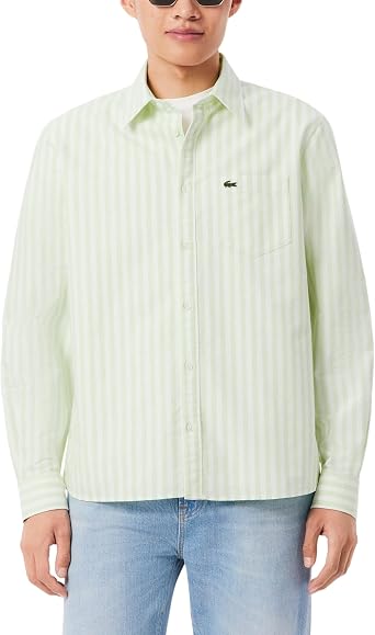 Lacoste Mens Regular Fit Striped Oxford Shirt, Birch/White, Medium
