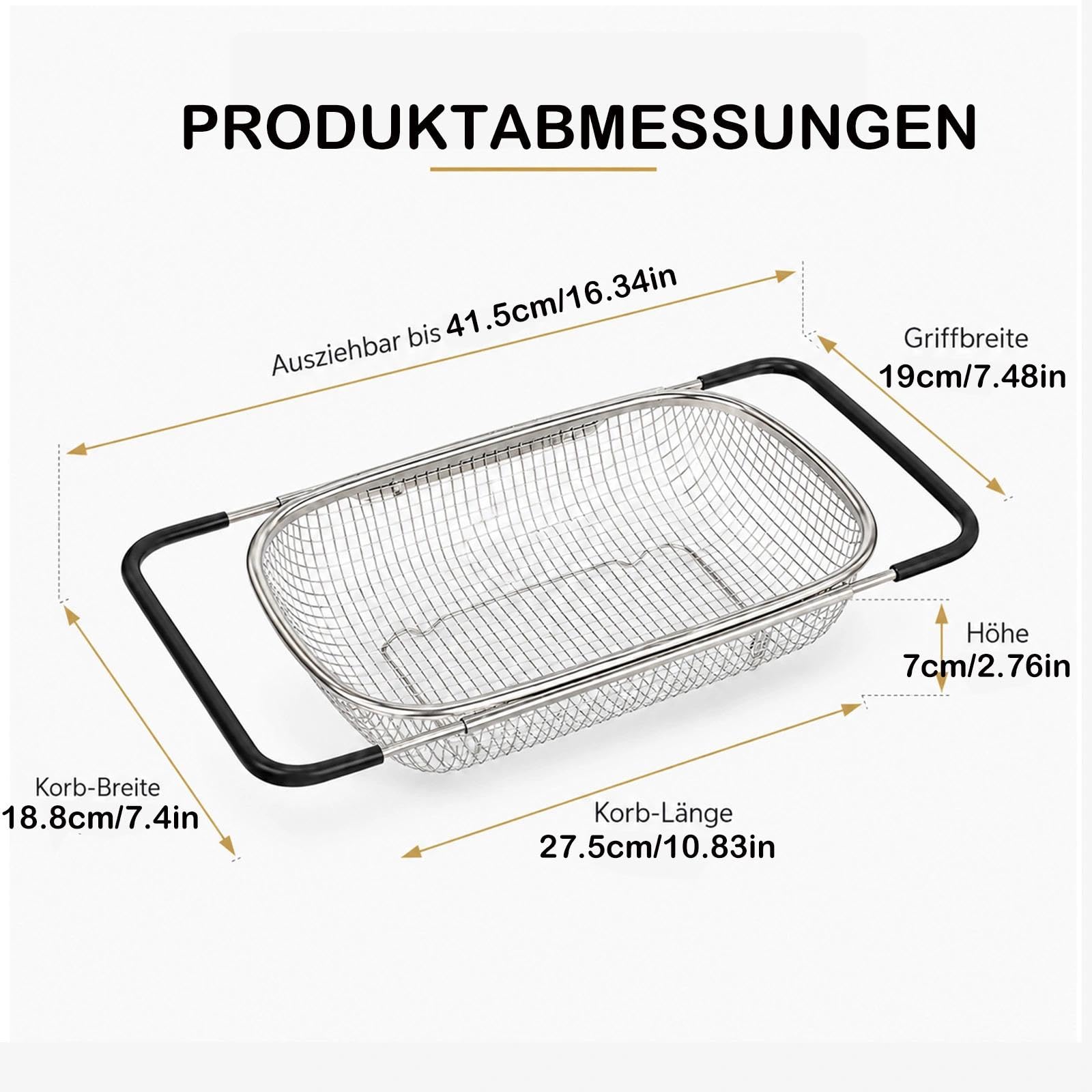Colador de cocina extensible 27 x 18 x 11,5 cm (27 x 18 x 11,5 cm), colador de acero inoxidable para escurrir, lavar frutas y verduras