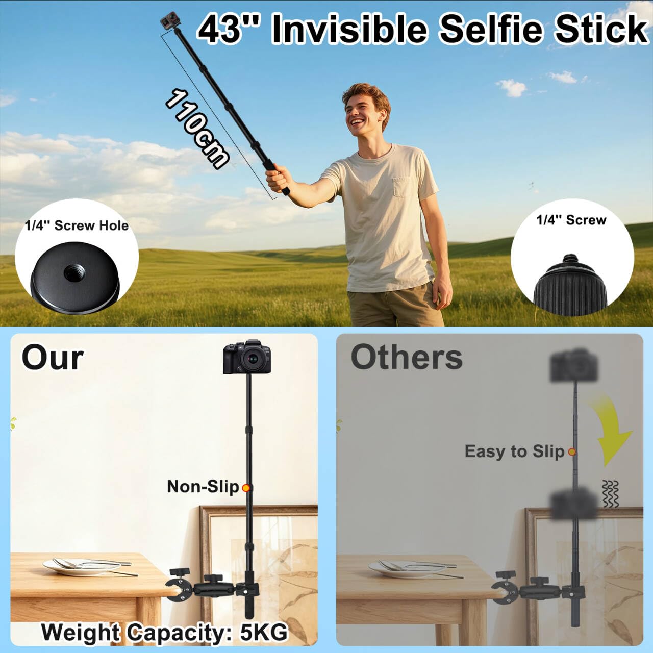 OSMO 360 Motorrad Kamera Halterung Set mit 43" Unsichtbar Selfie Stick kompatibel mit Insta360 X5-X Hochleistungs Fahrrad Lenker Klemme kompatibel mit GoPro 13-3 Fahrrad ATV UTV Motorrad Vloggen