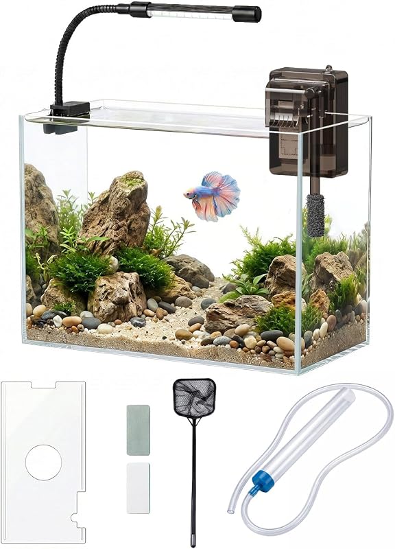 Kit de tanque de peces de vidrio, kit de inicio de acuario Betta Nano de 3 galones | Kit completo de acuario con filtro, luz LED ajustable, tapa, red, cambiador de agua para Betta, peces dorados, peces pequeños o camarones