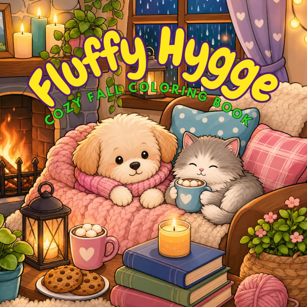 Fluffy Hygge Cozy Fall Coloring Book: Bold and Easy Coloring Book for Adults & Teens, Warm Hygge Vibes & Relaxing Cozy Scenes for Stress Relief and Creativity, Adorable Autumn Animals