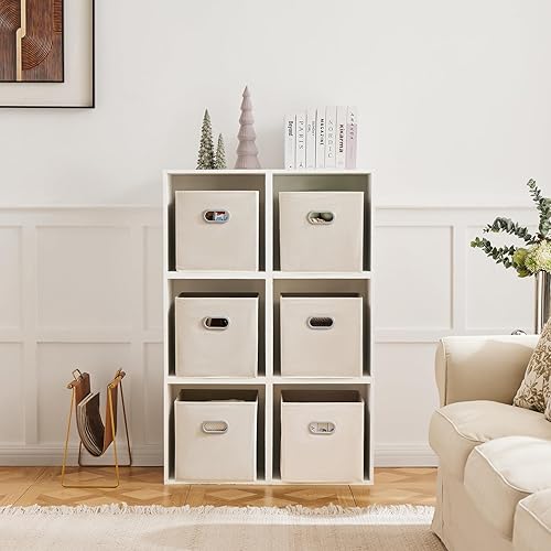Miniatura 6 de MAX Houser Paquete de 6 contenedores plegables de tela con asas, ideales para organización de armario, dormitorio y guardería (beige, 12 x 12 x 12