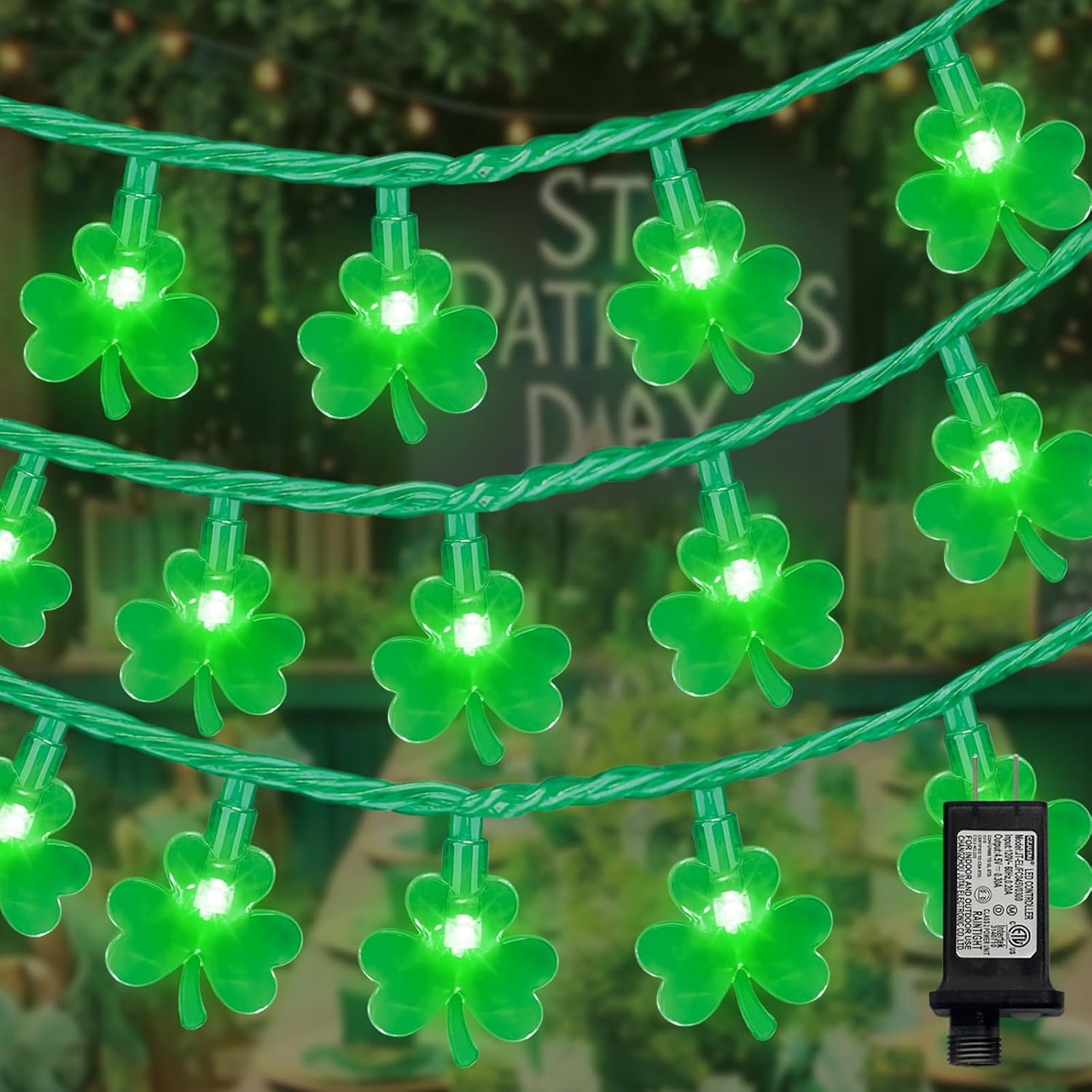 LAMPHOME St Patricks Day String Lights, 6.5 FT 20 LED Irish Shamrocks Decorative Green Leaf Lights Battery Operated, 8 Lighting Modes & Timer, Waterproof for Home Garden Party Decoration