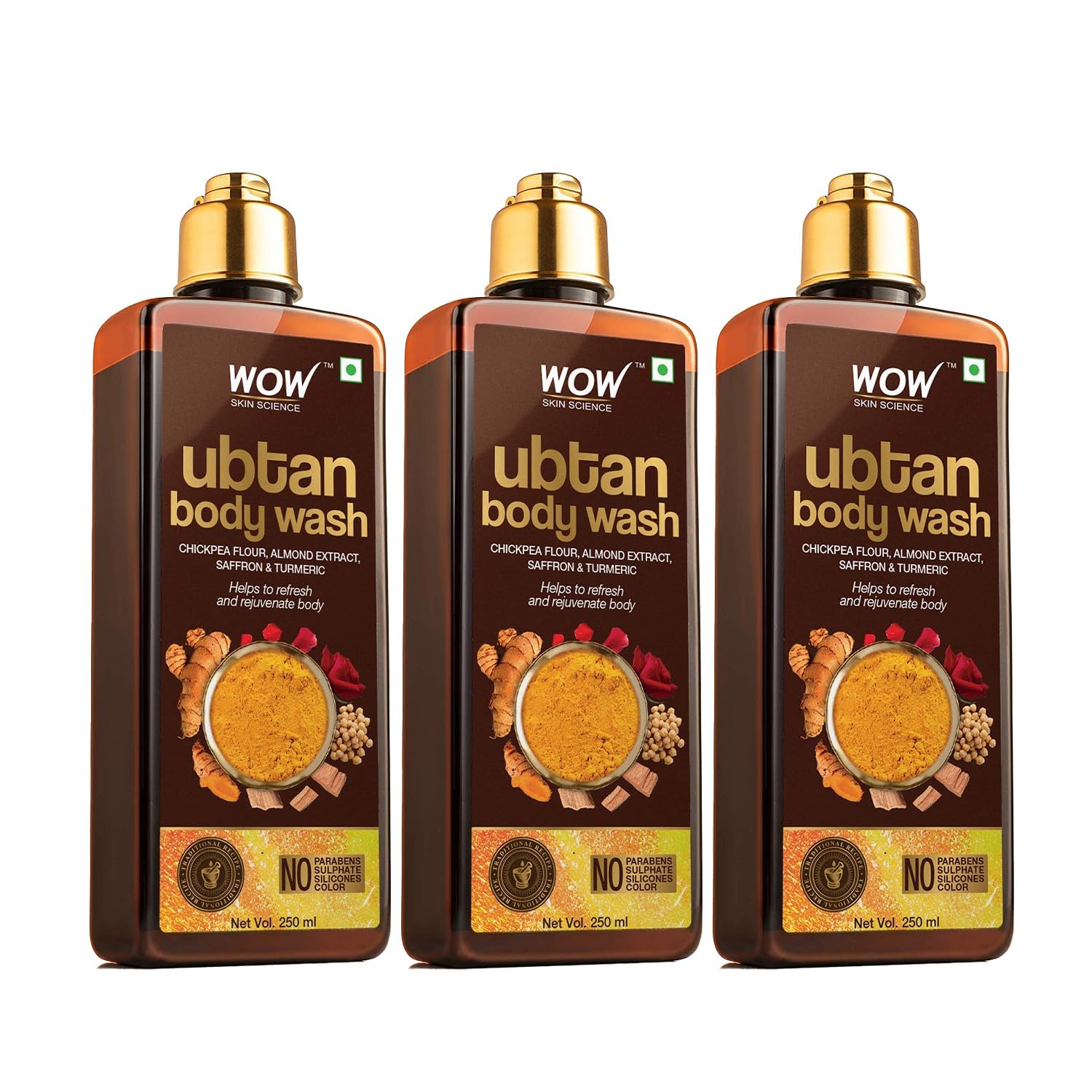 WOW Skin Science Ubtan Body Wash|Tan Removal And Glowing Skin|With Chickpea Flour, Almond, Safron & Turmeric Extract|250 Ml|Pack of 3