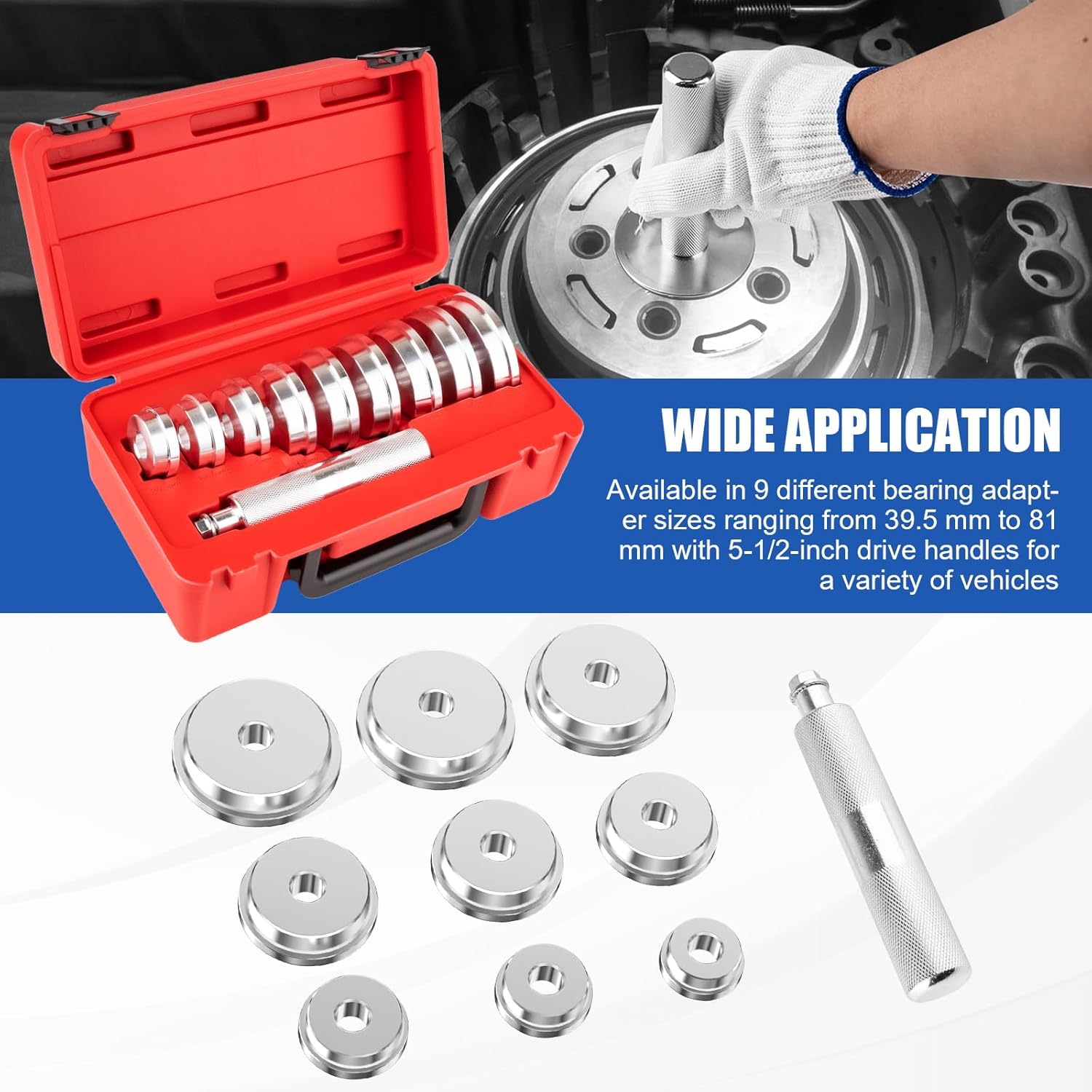 10pcs Bearing Race and Seal Driver Set, Bearing Press Kit with 1pc Driver Handle and 9pcs Disk Adapters for Mounting Automotive Wheel Hubs