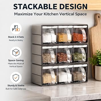 ZENFUN 3 Grids Seasoning Organizer Box, Stainless Steel Salt Container with Lid and Spoon, Seasoning Containers with Stainless Steel Rack for Home, Kitchen, Cafe, Storing Salt, Sugar, Pepper, Spice