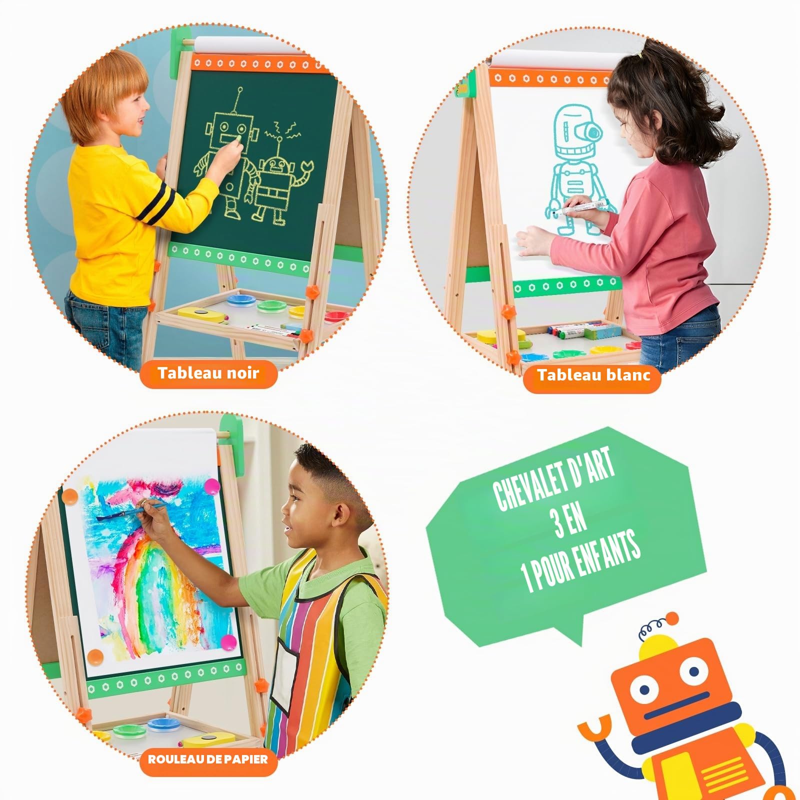 Chevalet Peinture Enfant Tableau Double Face Tableau Blanc et Noir en Bois et Hauteur Réglable avec Rouleau de Papier,Convient aux Filles et aux Garçons âgés de 3 à 8 Ans (Vert)