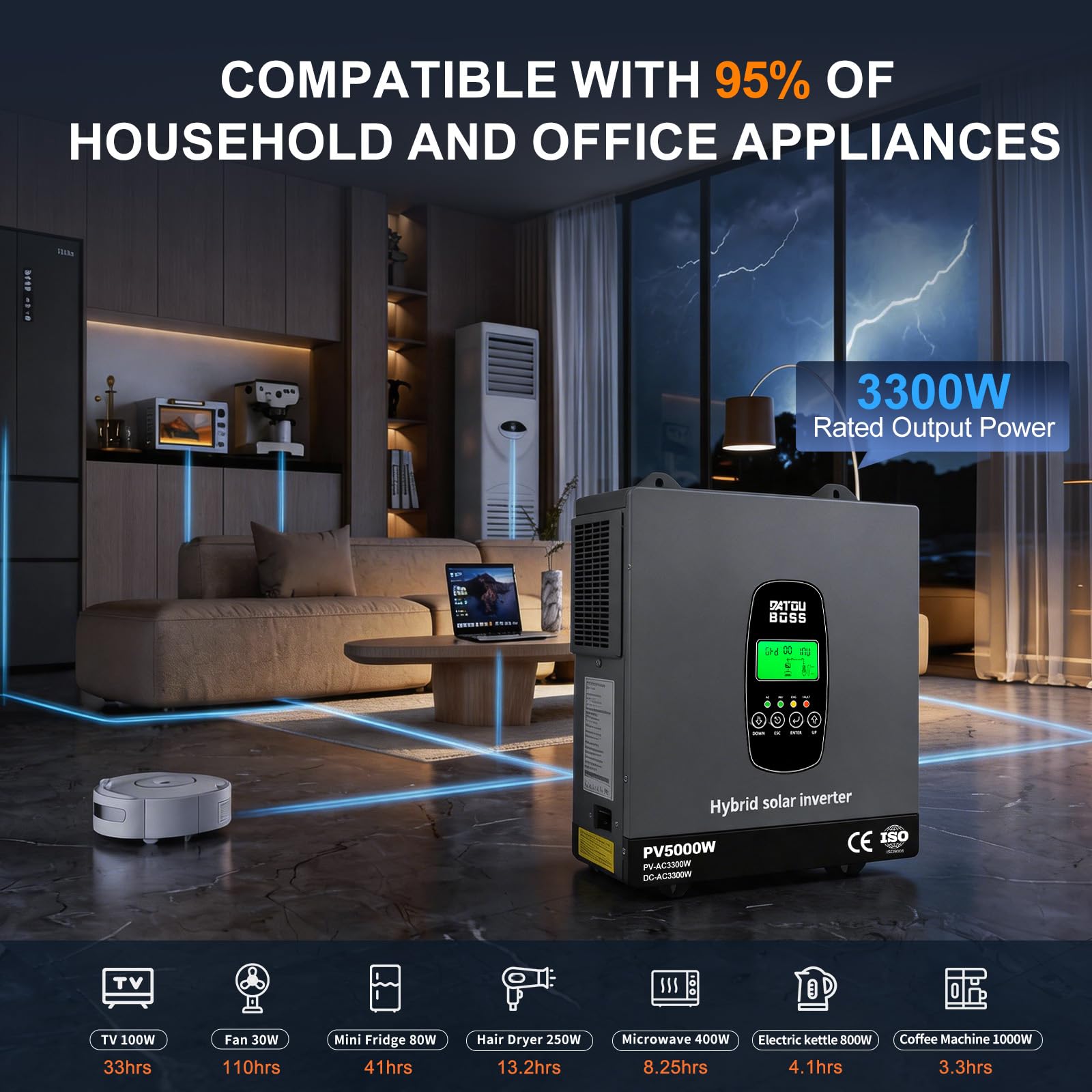 DATOUBOSS Hybrydowy falownik solarny 3300W 24V, czysta sinusoida, 24V DC na 220V/230V AC, z kontrolerem ładowania MPPT 100A i systemem ochrony BMS, do baterii litowych (24V 3300W)