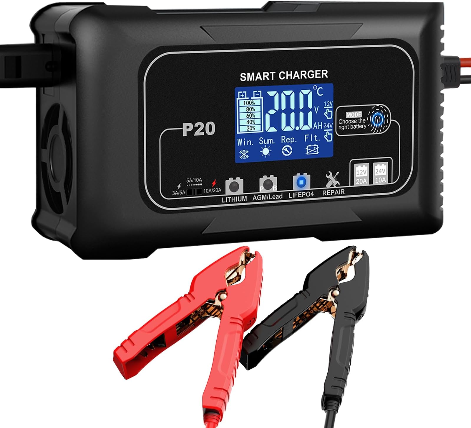 - 20-Amp Smart Battery Charger,12V/20A and 24V/10A.Lithium,Lifepo4,Lead-Acid(AGM/Gel/SLA..) Car Battery Charger,Trickle Charger, Maintainer/Pulse Repair Charger,for Car ,Boat,Motorcycle, Lawn Mower