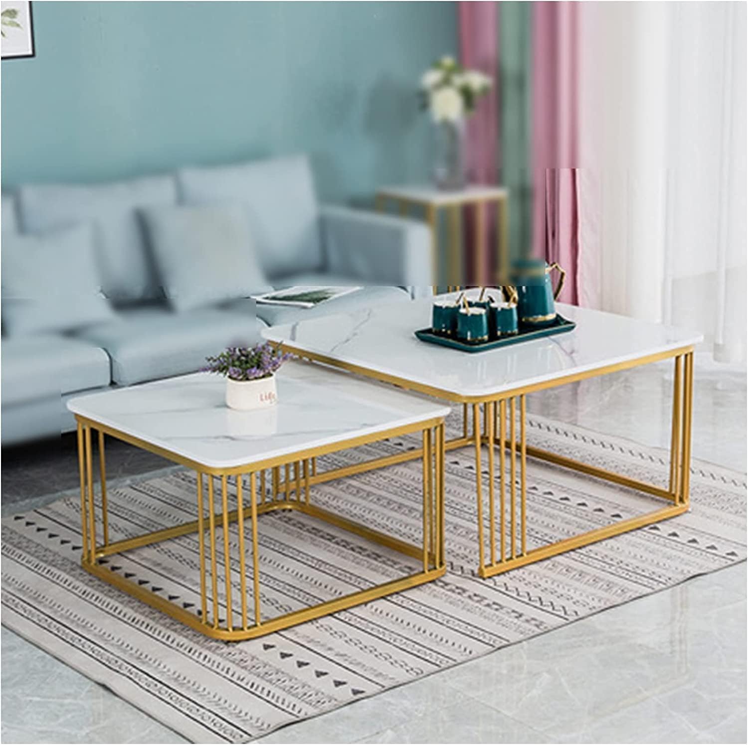 Furniture Cafe Square Nesting Coffee Table Set of 2 with White Marble Look Top & Gold Metal Frame | Modern Stackable Center Tables for Living Room, Bedroom, Balcony & Apartment (White & Gold)-image-42