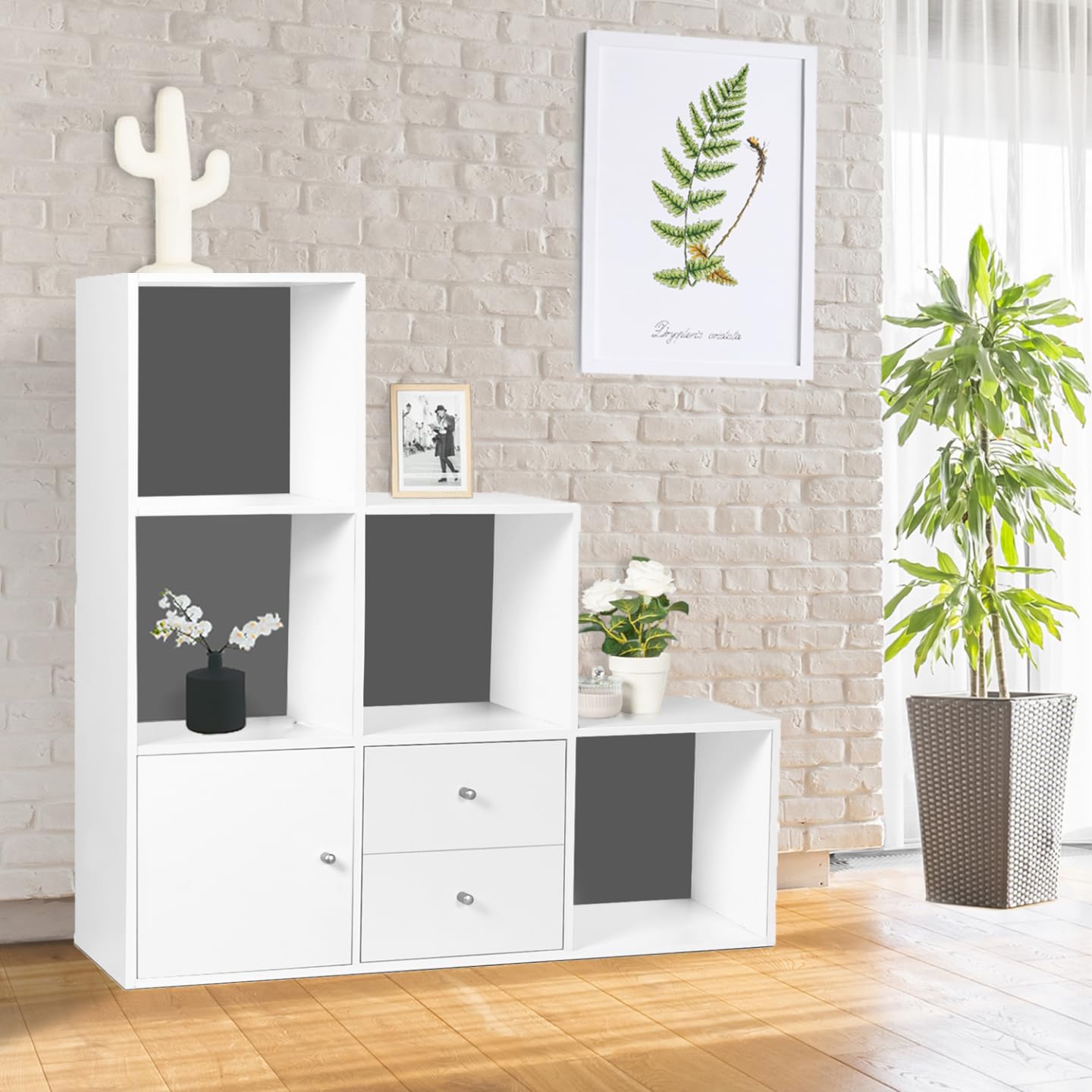 IDMarket - Meuble de Rangement en escalier Liam 3 Niveaux Bois Blanc Fond Gris avec Porte et tiroirs