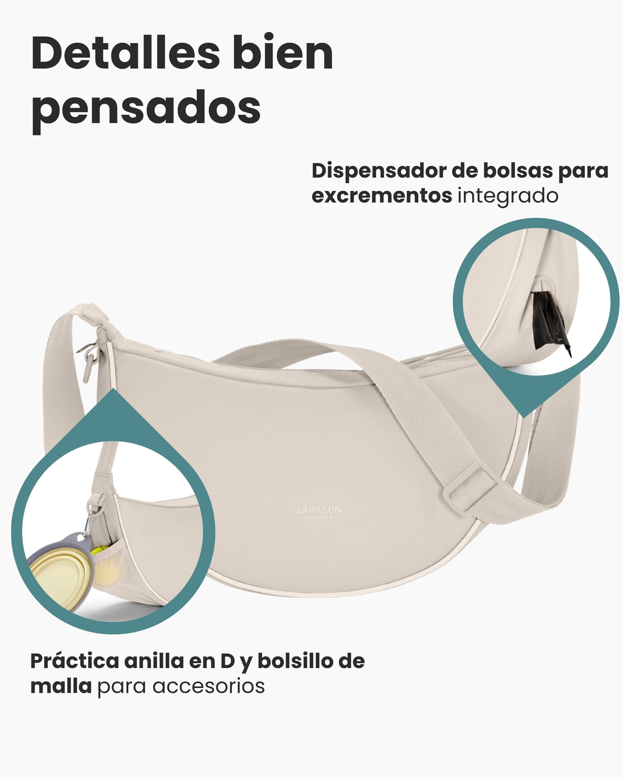 LARKSON Half Moon Bag para Perros Beige - Fiete - Bolso Bandolera para Pasear al Perro Reflectante - Bolsa para Golosinas con Dispensador de Bolsas para Excrementos - Repelente al Agua