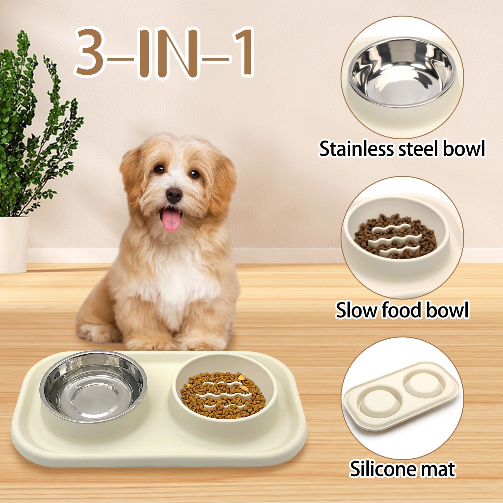 BNOSDM Comedero lento para perros y gatos, acero inoxidable con alfombrilla de silicona antiderrames, juego de cuencos de comida y agua para perros, comedero para mascotas para ralentizar la