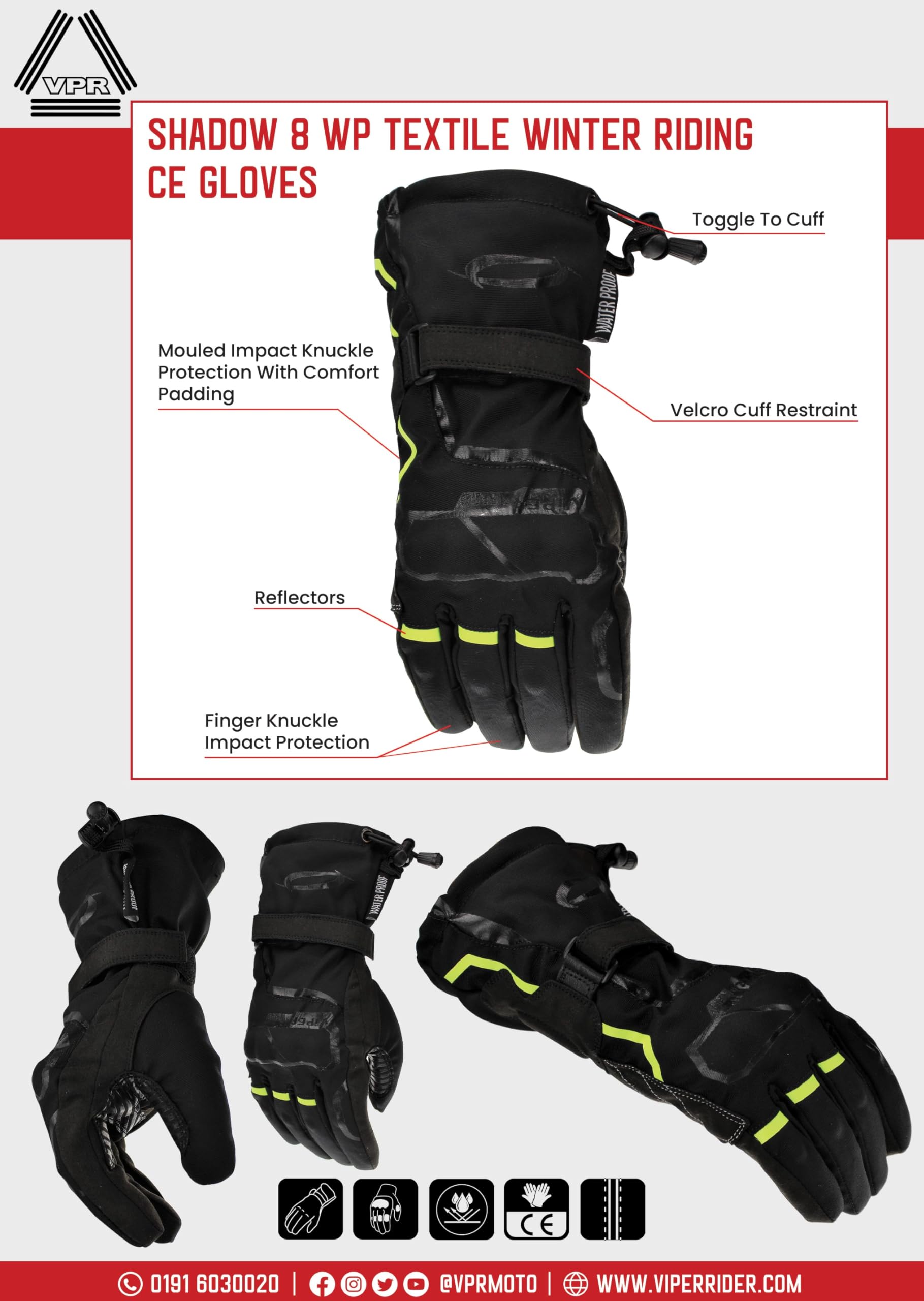Gants d'hiver shadow-8 -tissu renforcé - moto homologués CE - approuvés CE - gants en cuir imperméable réfléchissant noir, jaune