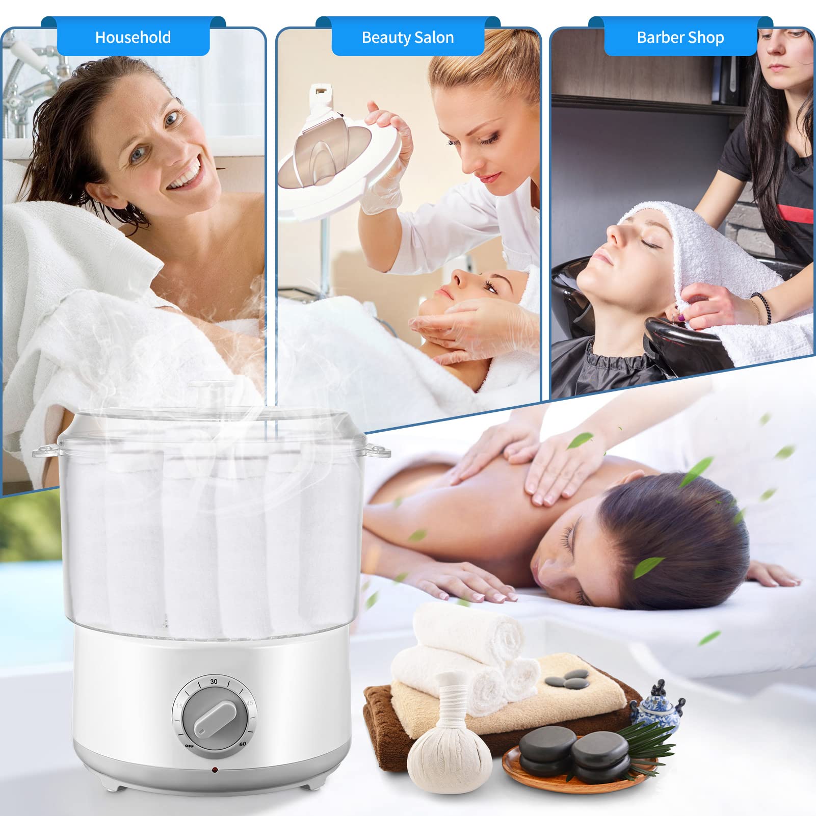 Asciugamano a Vapore Sterilizzatore Elettrico di Asciugamano, Scaldasalviette a Vapore per Cura Personale 200°C in 5min Strumento Idratante per SPA, Borsa per Aromaterapia e Pietre per Massaggi-Bianco