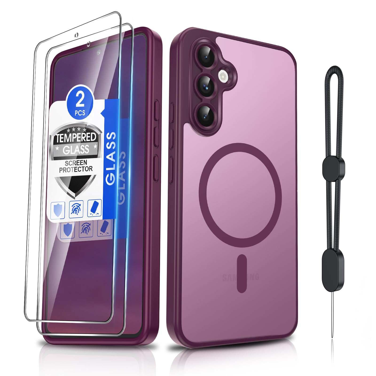 Dizn for Samsung Galaxy A54 Phone Case: with Tempered Glass Screen Protector [Compatible with MagSafe] with Strap, Matte Cover &amp; Military Grade Shockproof Protective A54, Funda para A54, Wine Red