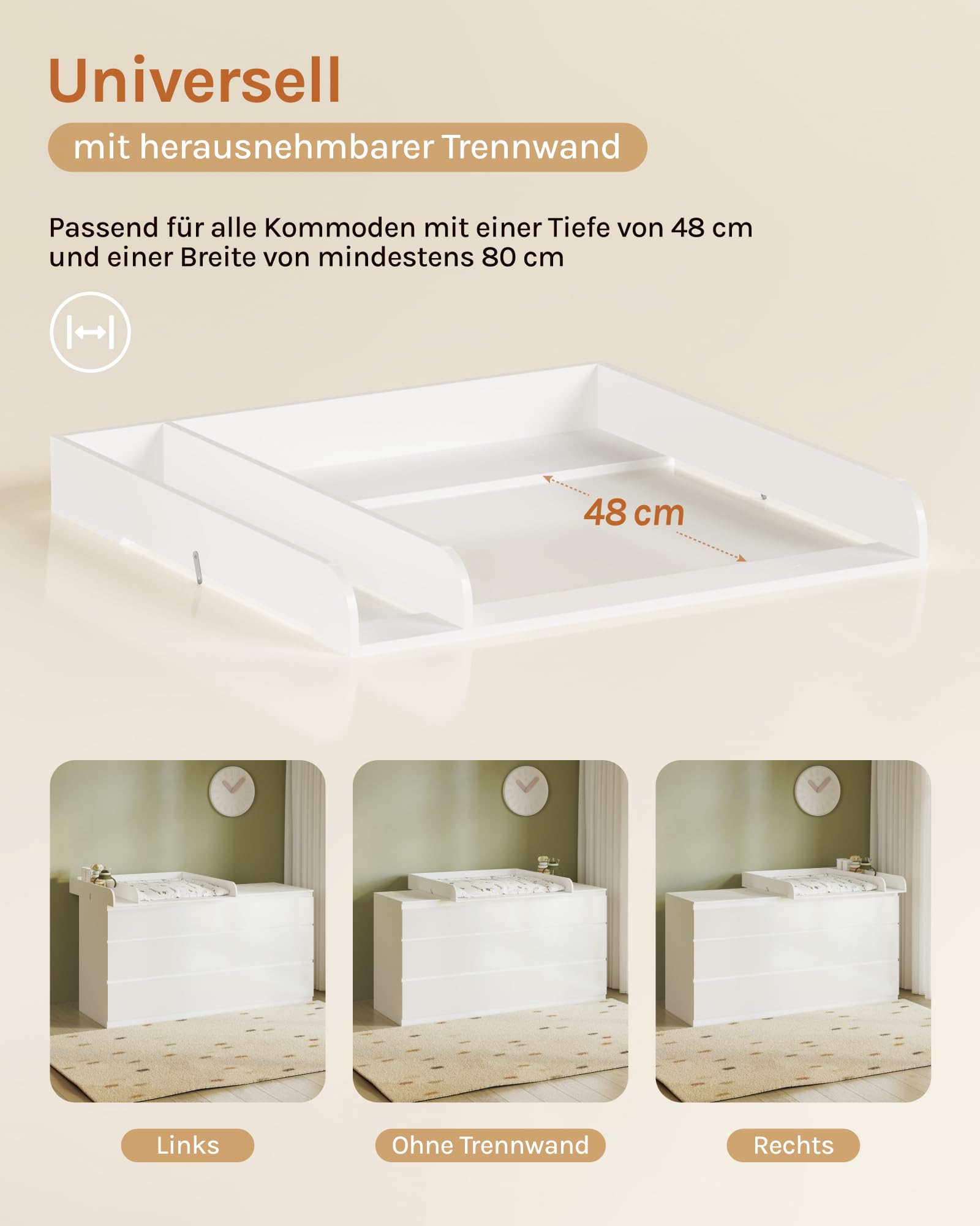 WOLTU Wickelaufsatz aus Holz, Wickeltischaufsatz Wickelkommode Aufsatz mit Trennfach Tiefe 48 cm, für Wickeltisch Wickelkommode, Weiß