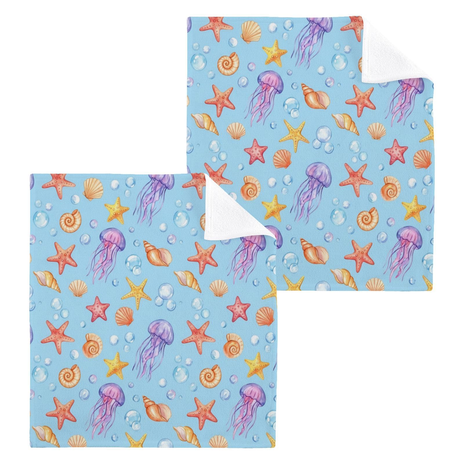 BOESI Watercolor Jellyfish Seashell 12x12in Cotton Washcloth,Face Towel