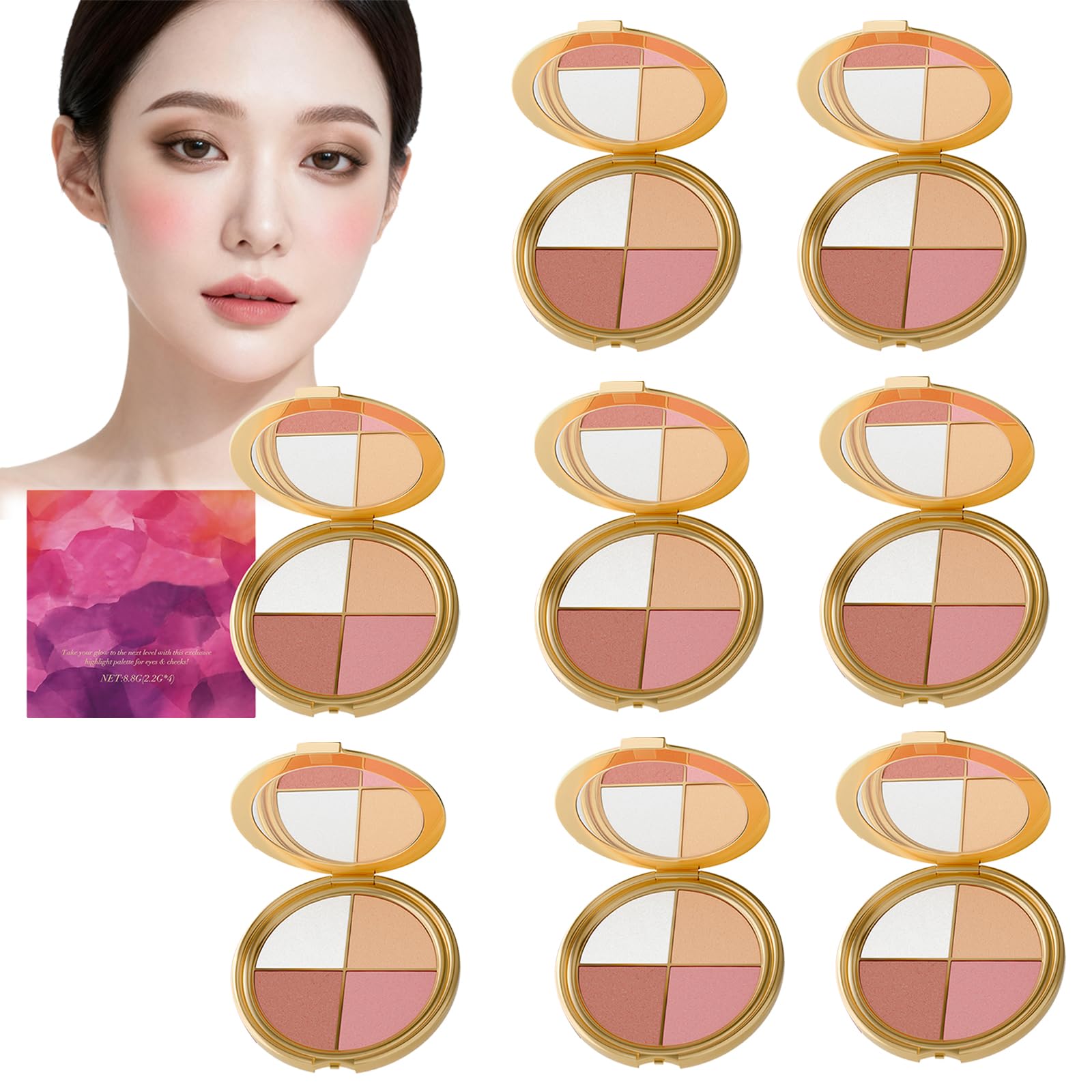 Palette Illuminatore Occhi E Guance - Ombretti E Illuminatori, 4 in 1, Blush, Setoso E Facile Da Esplosione, Polvere Contorno Brillante Naturale, Per Guance E Occhi (8 pezzi)