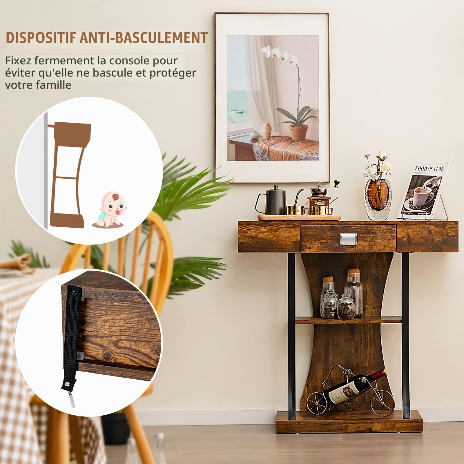 GIANTEX Table Console à 3 Niveau avec Tiroir, Table d'Entrée en Bois avec Anti-basculement et Cadre en Métal, Style Industrielle, pour Salon, Chambre, Entrée, Marron Rustique