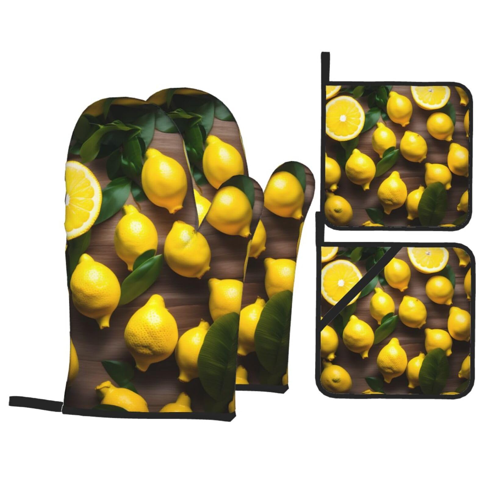 Fresh Tropical Lemons Print 4-Piece Heat-Resistant Oven Waterproof Kitchen Gloves Cooking Roasting Essential