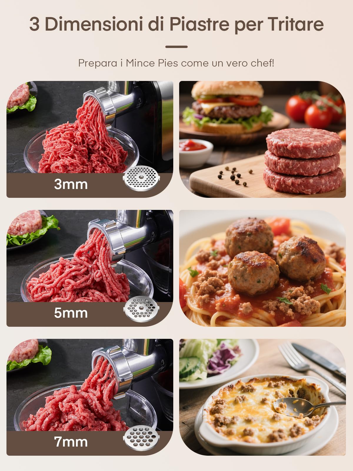 Tritacarne, 3 in 1 Tritacarne Elettrico con 3 Piastre Abrasive in Acciaio Inox, 1 Cubo e 3 Tubi di Riempimento per Salsicce, 300W, 2000W max