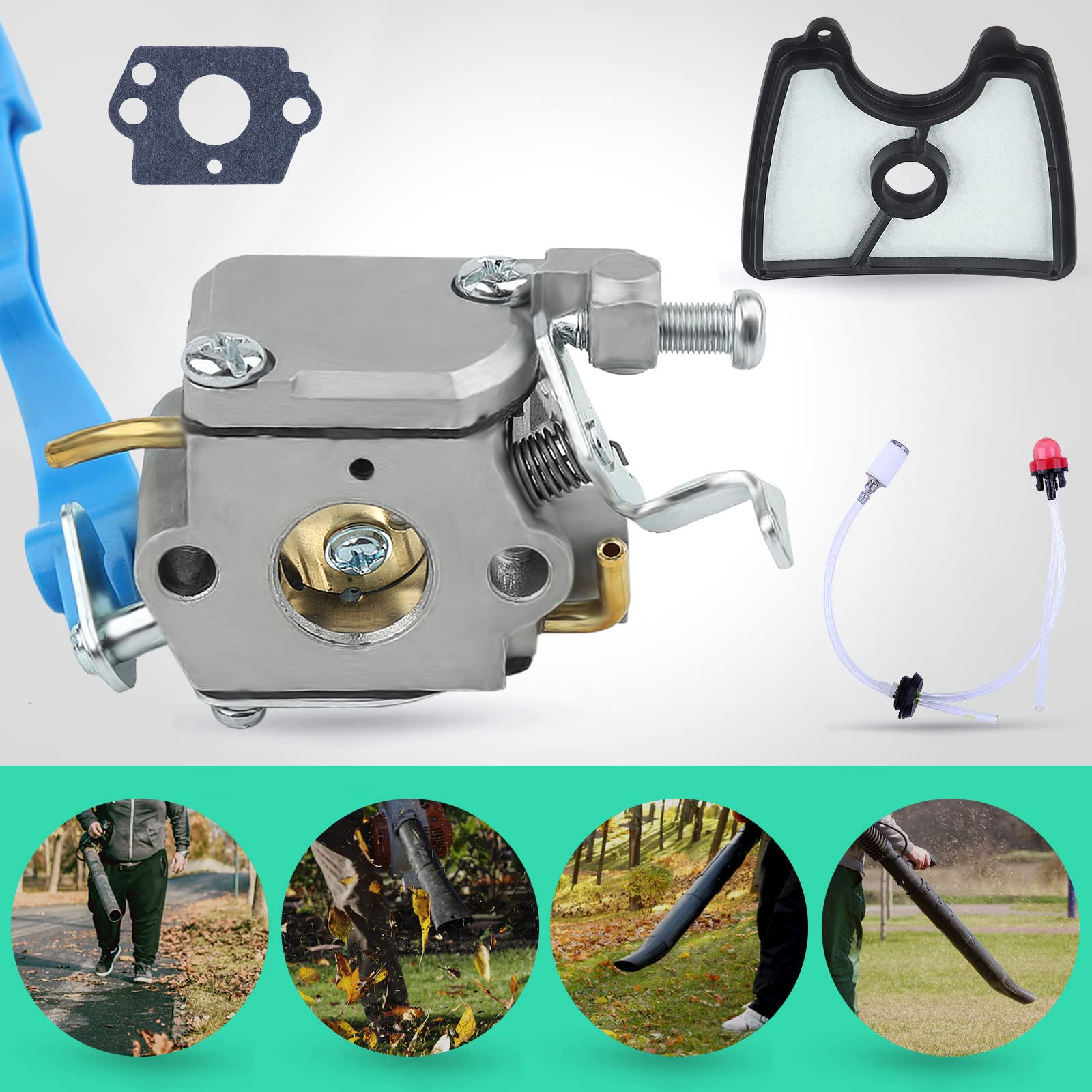 Kit Carburateur pour Husqvarna 125B 125BX 125BVX Souffleur de Feuilles, ADEFOL Carburateur + Joints + Conduite + Filtre Carburant + Poire d'amorçage + Filtre Air + Passe-Câble Ensemble 8 en 1