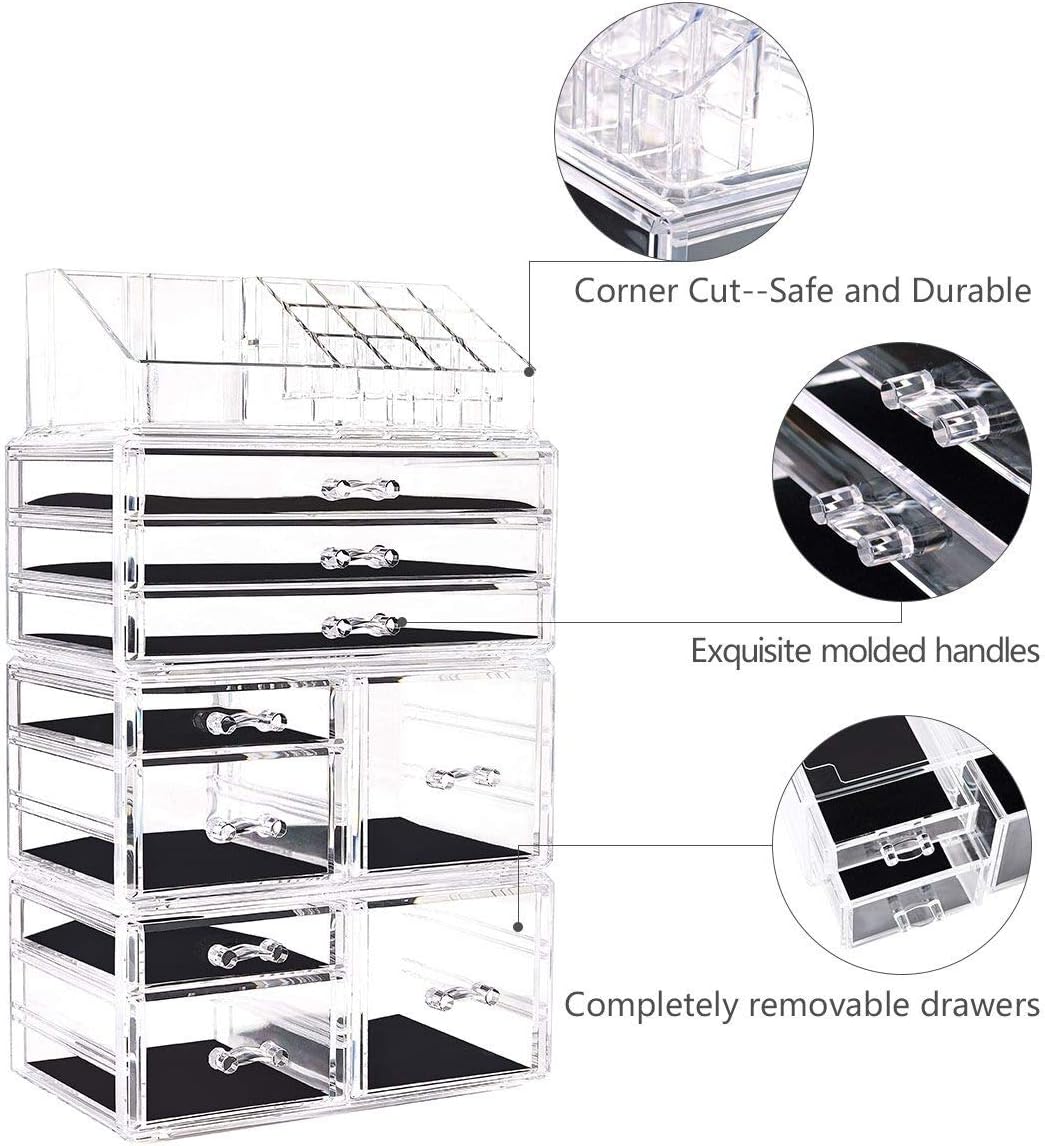 DreamGenius Makeup Organizer 4 Pieces Acrylic Makeup Storage Organizer Box with 9 Drawers for Lipstick Jewerly and Makeup Brushes, Stackable Cosmetic Display Cases for Dresser and Bathroom Countertop : Beauty & Personal Care