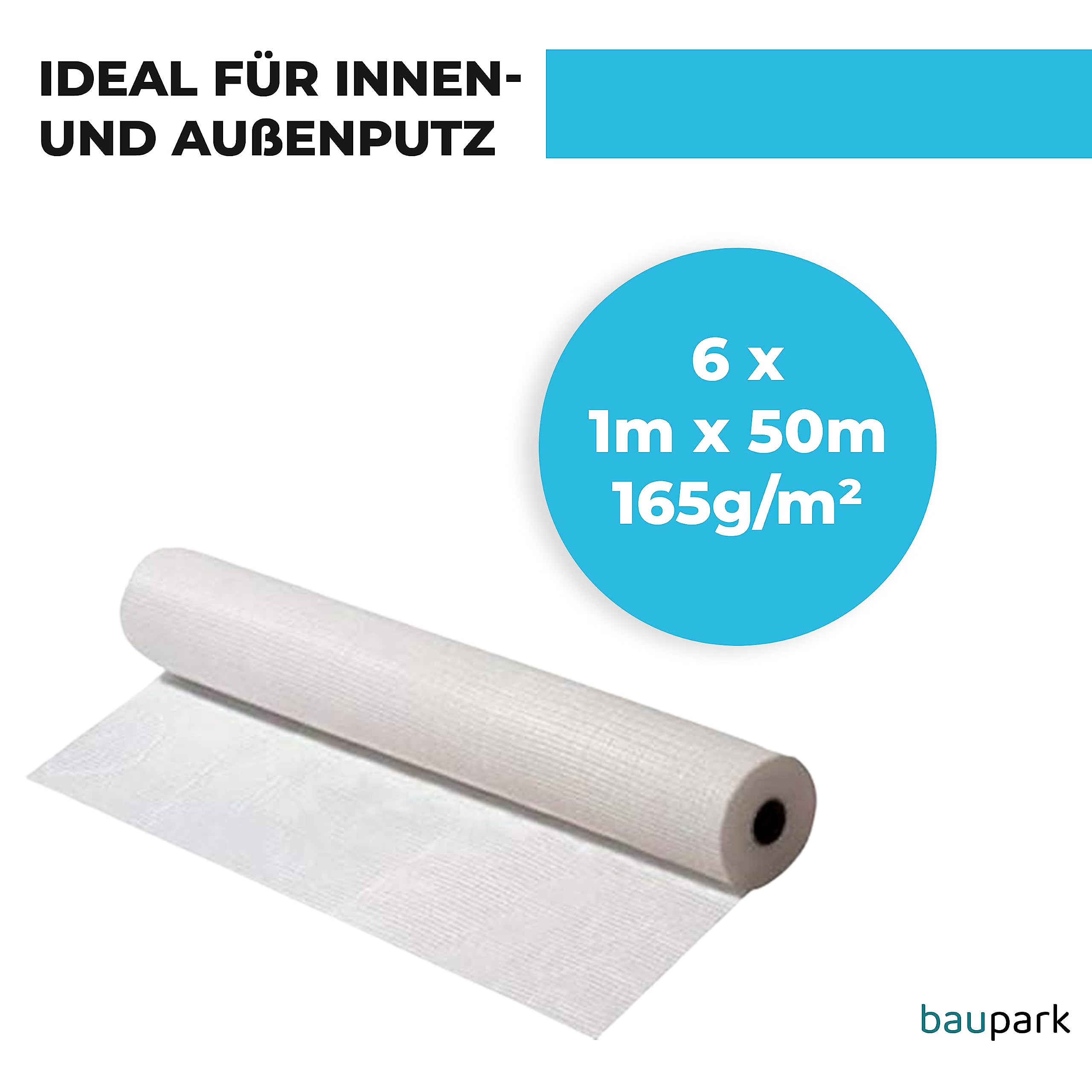 Baupark24 - Armierungsgewebe Innen & Außen 6 Stk.1m x 50m - Flächengewicht 165 g/m² - Putzgewebe Weiß - Putzgewebe zur Fassadendämmung - Putzgewebe Armierungsgewebe Außen & Innen