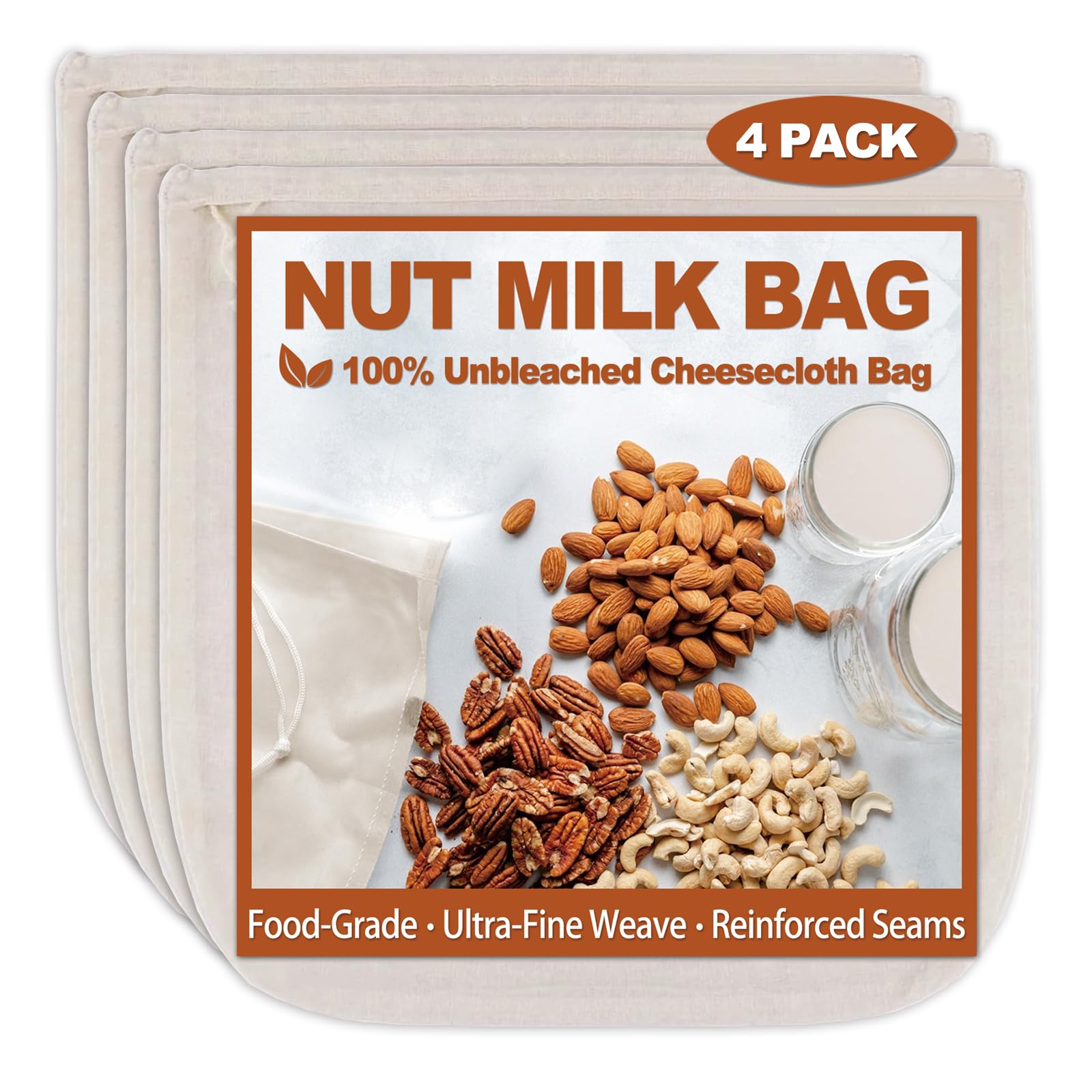 4 Pcs 12"x12" Nut Milk Bag with SGS Tested 100% Nature Unbleached Cotton, Premium Cheesecloth Bags for Straining, Reusable Nut Bag Strainer for Making Almond &amp; Nut Milks, Cold Brew, Yogurt, Juicing