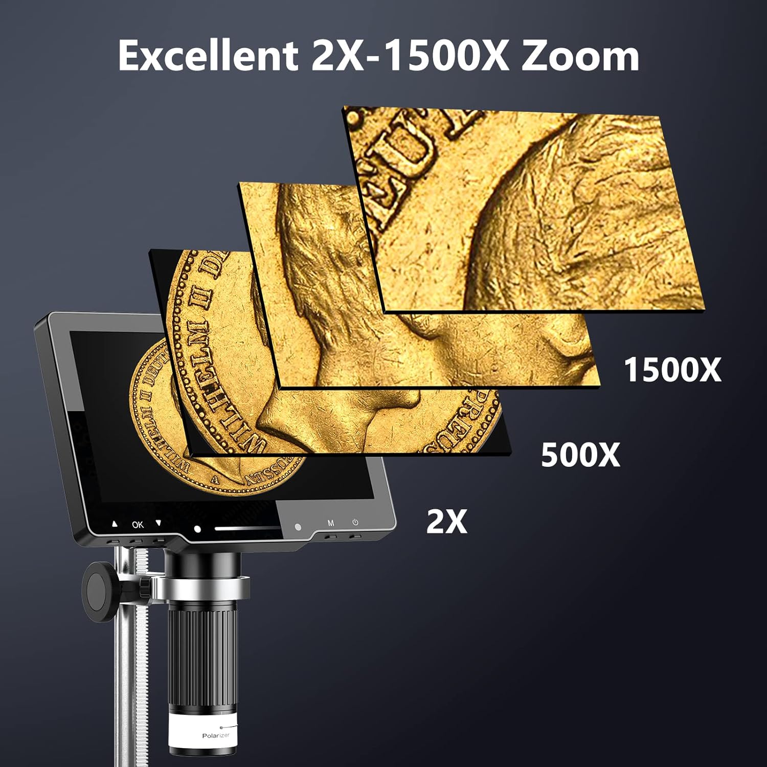 Diagram showing 2X, 500X, and 1500X magnification levels on the microscope screen.