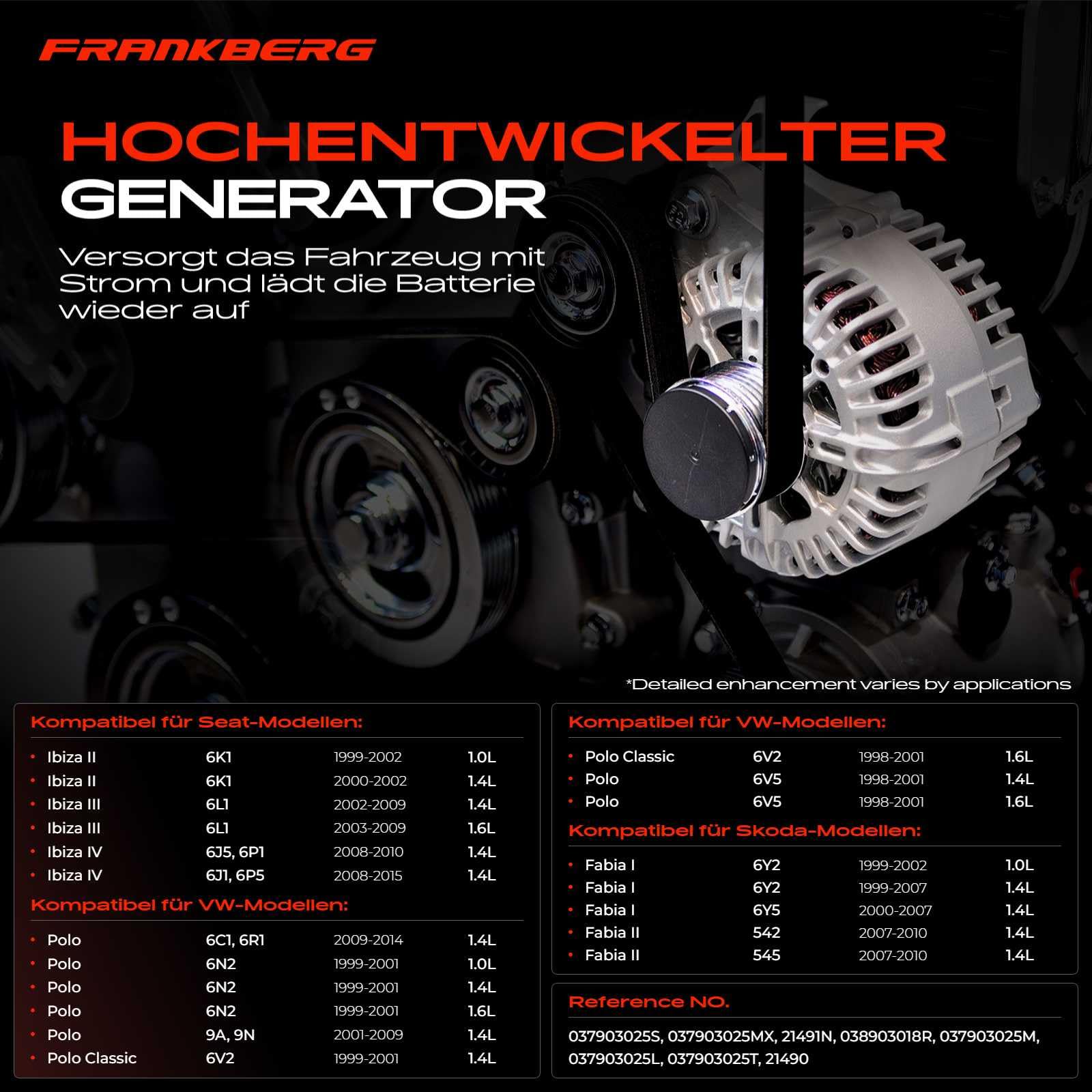 Frankberg Lichtmaschine Generator 90A Kompatibel mit A.l.h.a.m.b.r.a 7V8 7V9 2.0L 1999-2000 Cordoba 6L2 1.4L 1.6L 2002-2009 Polo 6N2 1.0L-1.6L 1999-2001 Replace# 037903025M