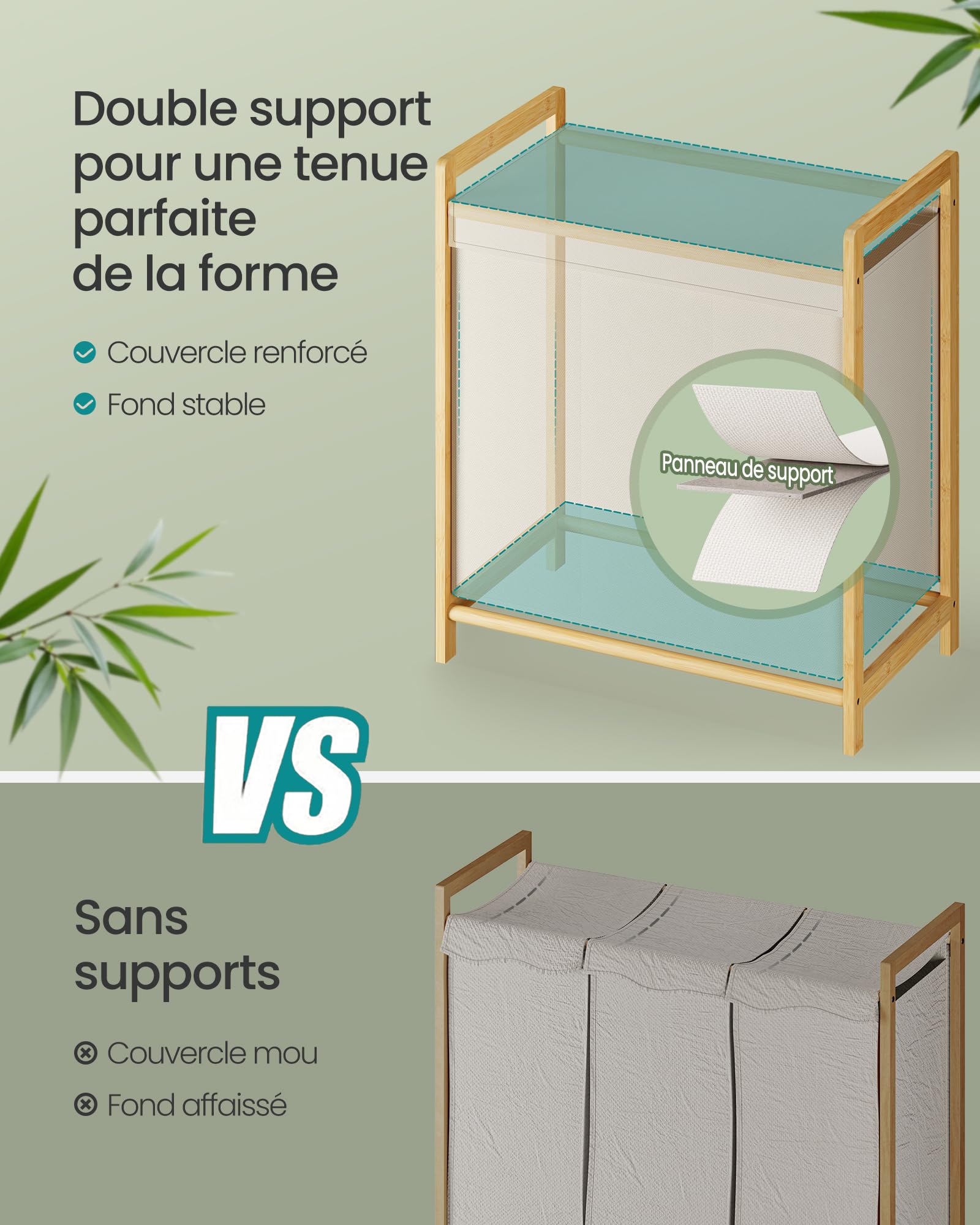 SONGMICS Panier à Linge 3 Compartiments, Corbeille à Linge Sale, Structure en Bambou, Couvercle Renforcé et Amovible, Sac Amovible, 150 L, Blanc Crème RLH103WD01