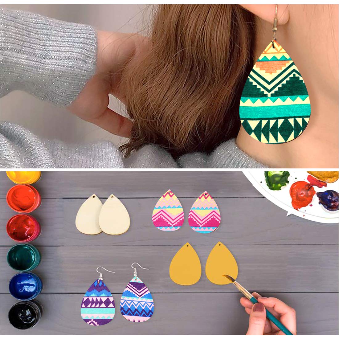 FineInno 60 Pc Wooden Jewellery Making Kits Unfinished Wood Earring Blank with A Hole,with Earring Hooks and Jump Rings for Jewelry DIY Making (Unfinished Wood) - Image 3