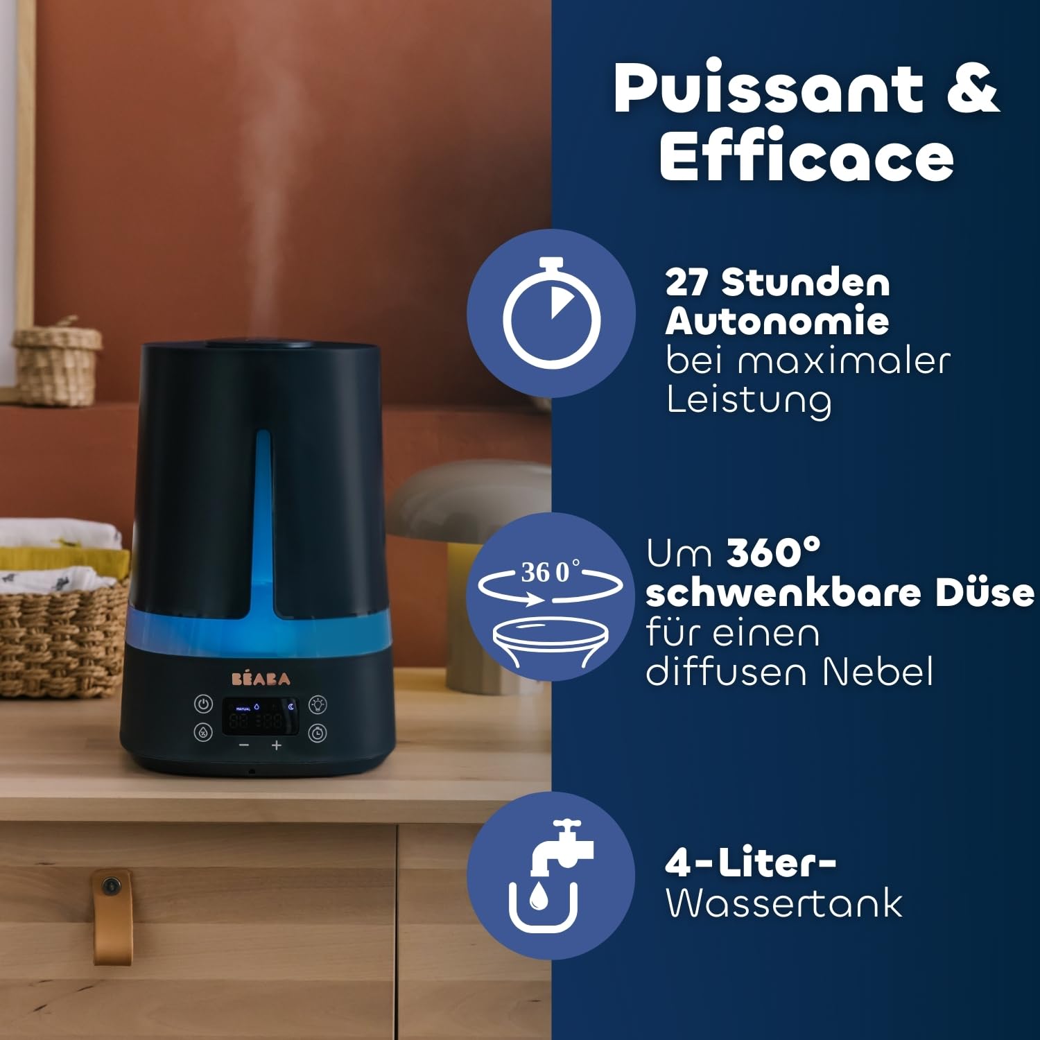 BÉABA, Luftbefeuchter Babyzimmer, 4 l, 27 Stunden Dauerbetrieb, geräuscharm, Nachtlicht mit 7 Farben, 3 Helligkeitsstufen, um 360° schwenkbare Düse, 2 Betriebsmodi, LED-Display, Timer, nachtblau