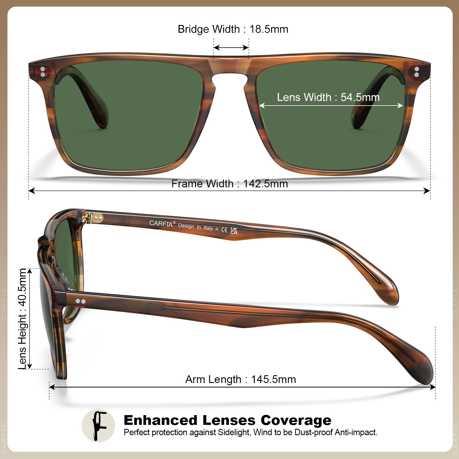 Carfia Occhiali da Sole Polarizzati Retrò da Uomo Protezione UV 400 Montatura Rettangolare in Acetato Design di Marca alla Moda CA53572