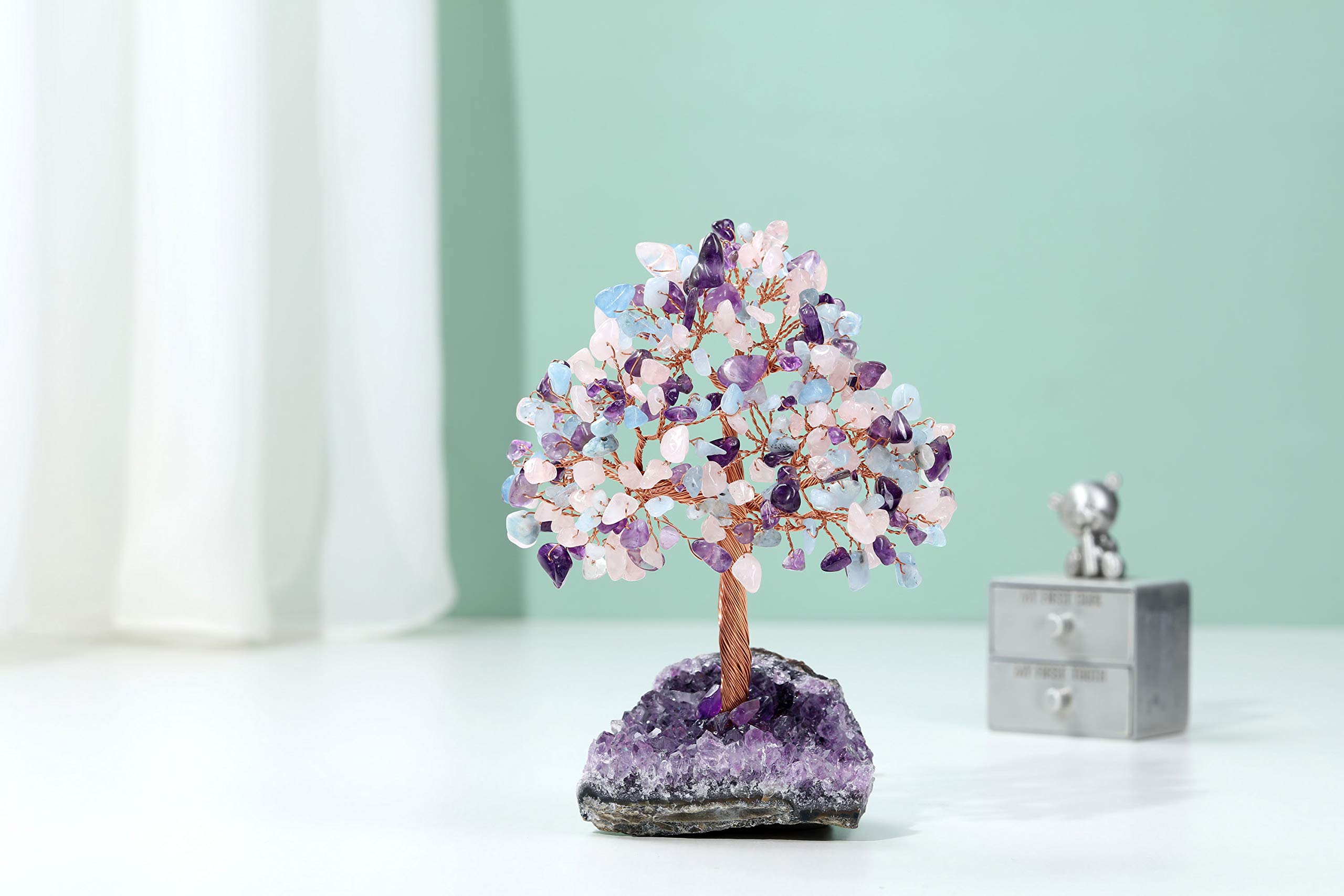 Jovivi Natürlicher Amethyst + Aquamarin + Rosenquarz Heilkristall Geldbaum auf Amethyst Cluster Geode Druzy Base Feng Shui Kristalle für Home Office Schreibtischdekorationen, Reichtum, Glück