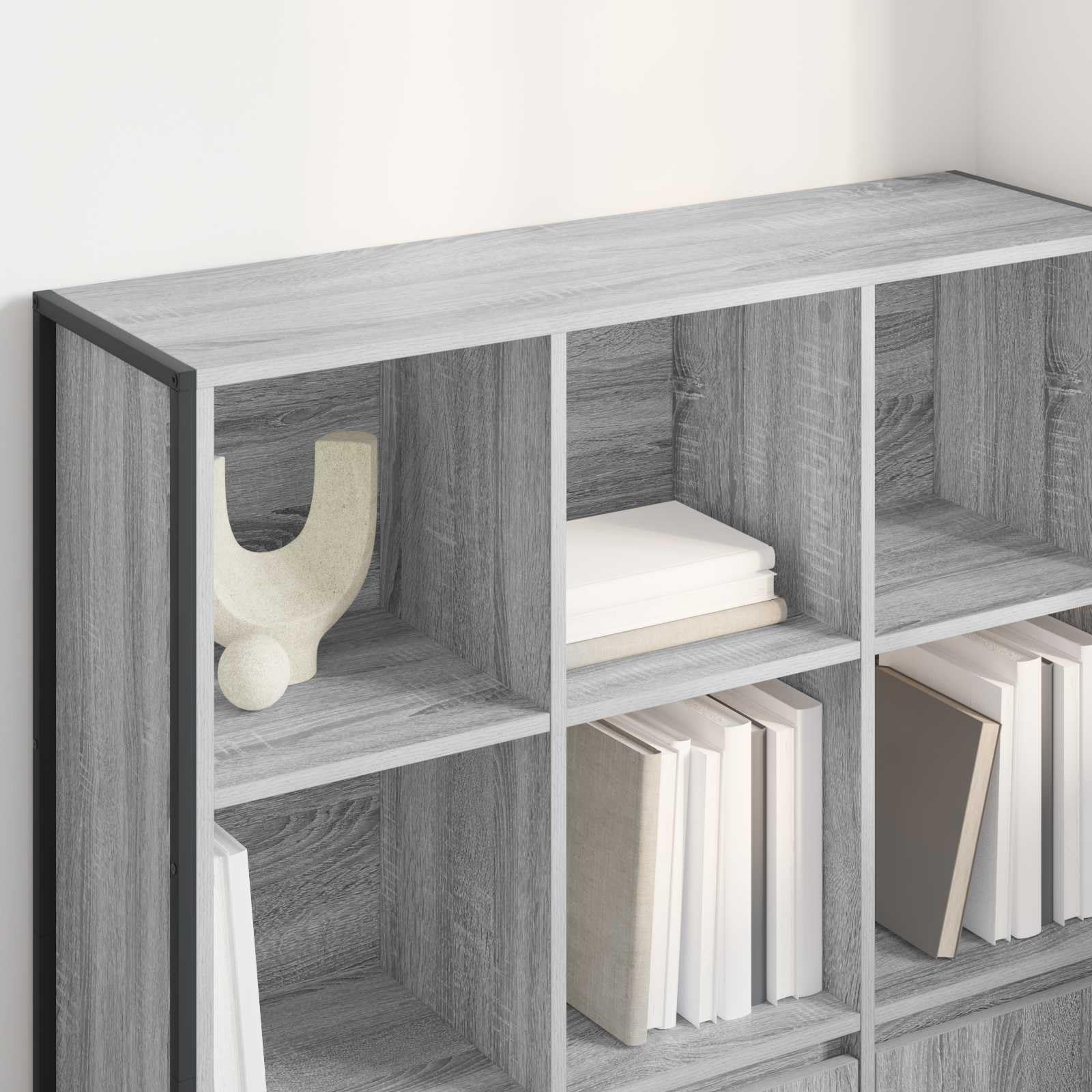 Regał na książki Sonoma szary materiał drewnopochodny, 99,5 x 30 x 108 cm, z 18 przegródkami i 6 drzwiami, nowoczesny regał do salonu, trwały, uniwersalny, do biura i studia