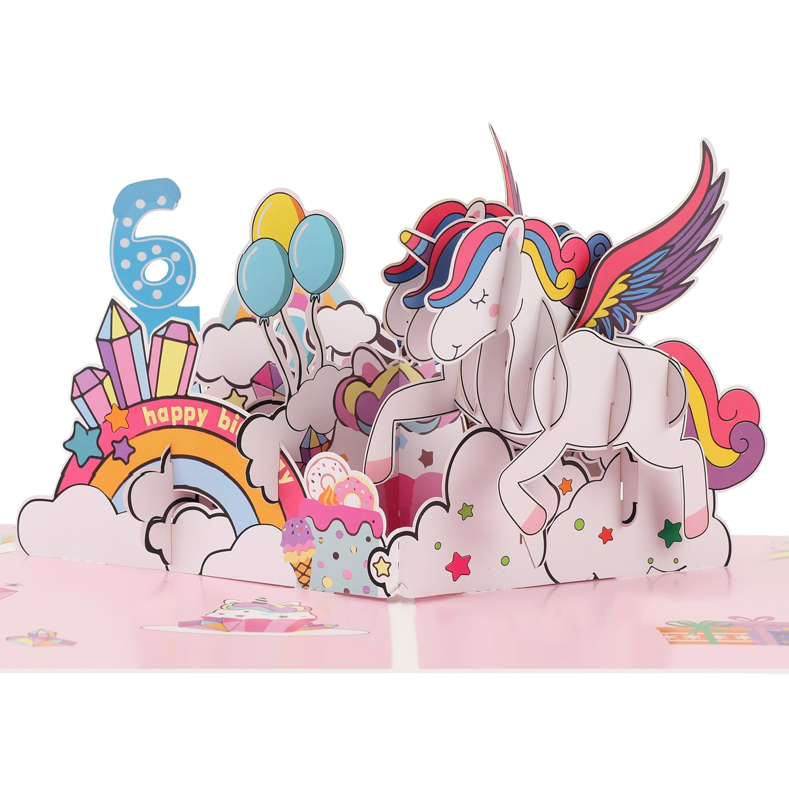 Pop up 6th Birthday Card for Girl, 3D Unicorn Birthday cards for 6-year-old daughter, granddaughter, niece, kids with Envelope & Notecard