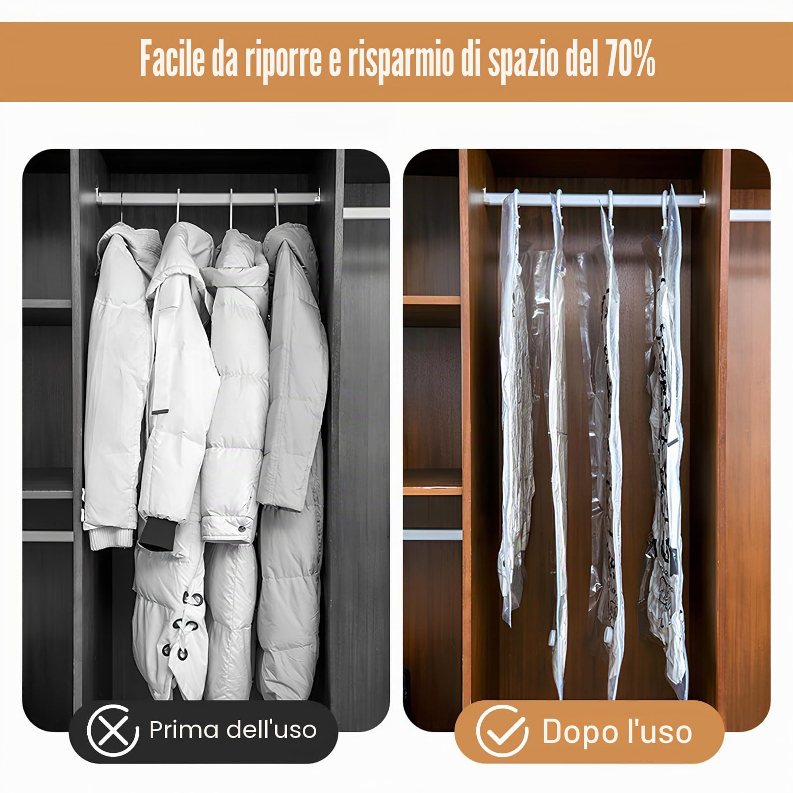 Sacchetti sottovuoto per vestiti con pompa a mano, 4 sacchetti sottovuoto sospesi 67 x 90 cm, salvaspazio, riutilizzabili, per giacche, abiti, cappotti, vestiti, copriletti