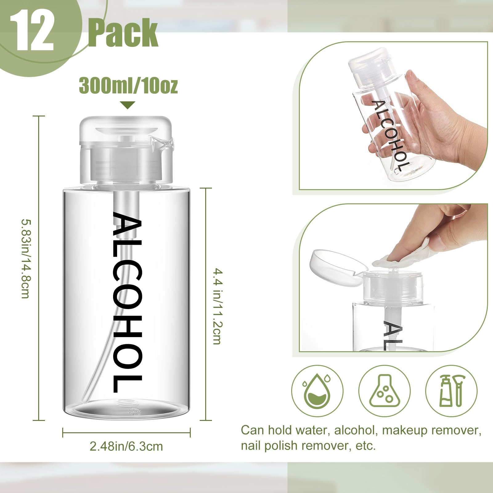 Layhit Dispensador de bomba de alcohol de 10 onzas, botella de bombeo vacía transparente, dispensador de líquido de empuje hacia abajo, contenedor cosmético recargable etiquetado (12 piezas)
