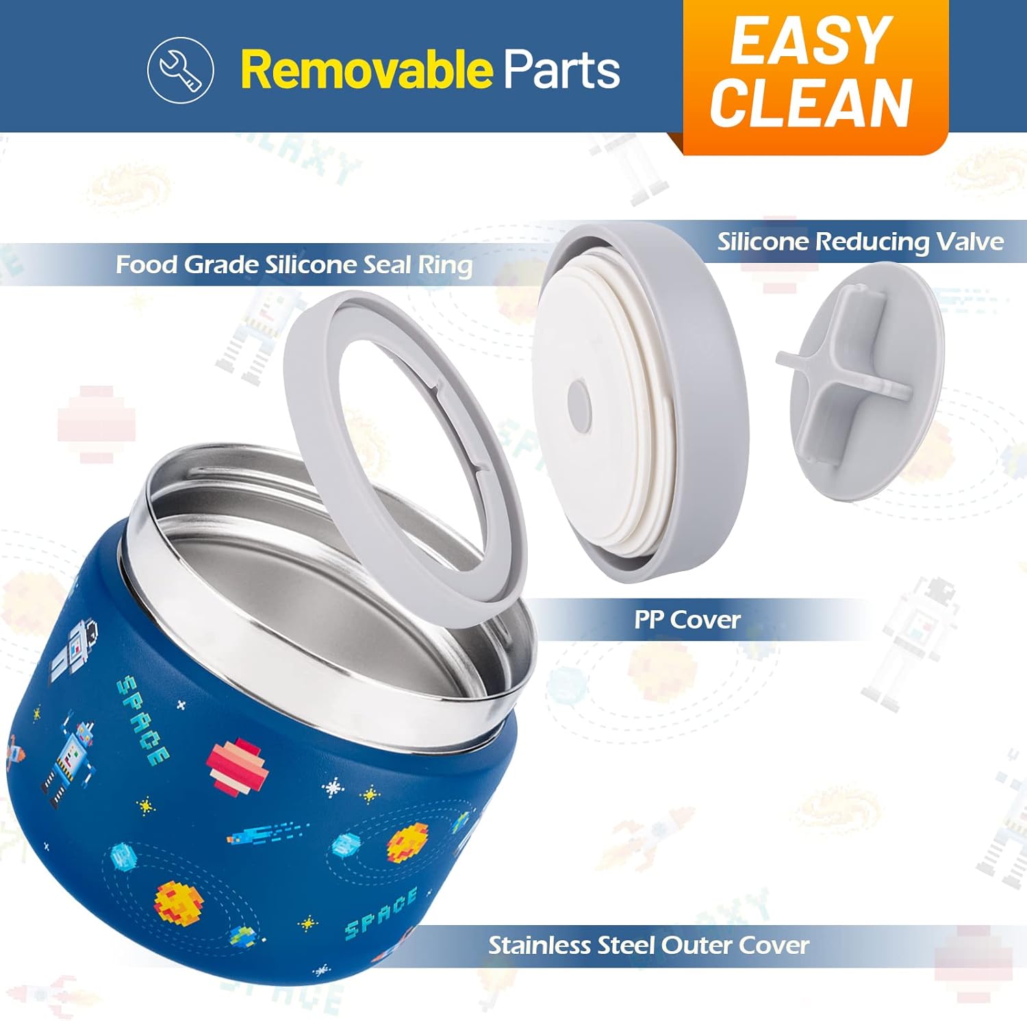 Charcy 9oz Kids Stainless Steel Insulated Food Jar, Wide Mouth Leak-Proof Soup Thermo, Container Set for 8h Hot and 6h Cold - Blue Pixel Space - Image 4