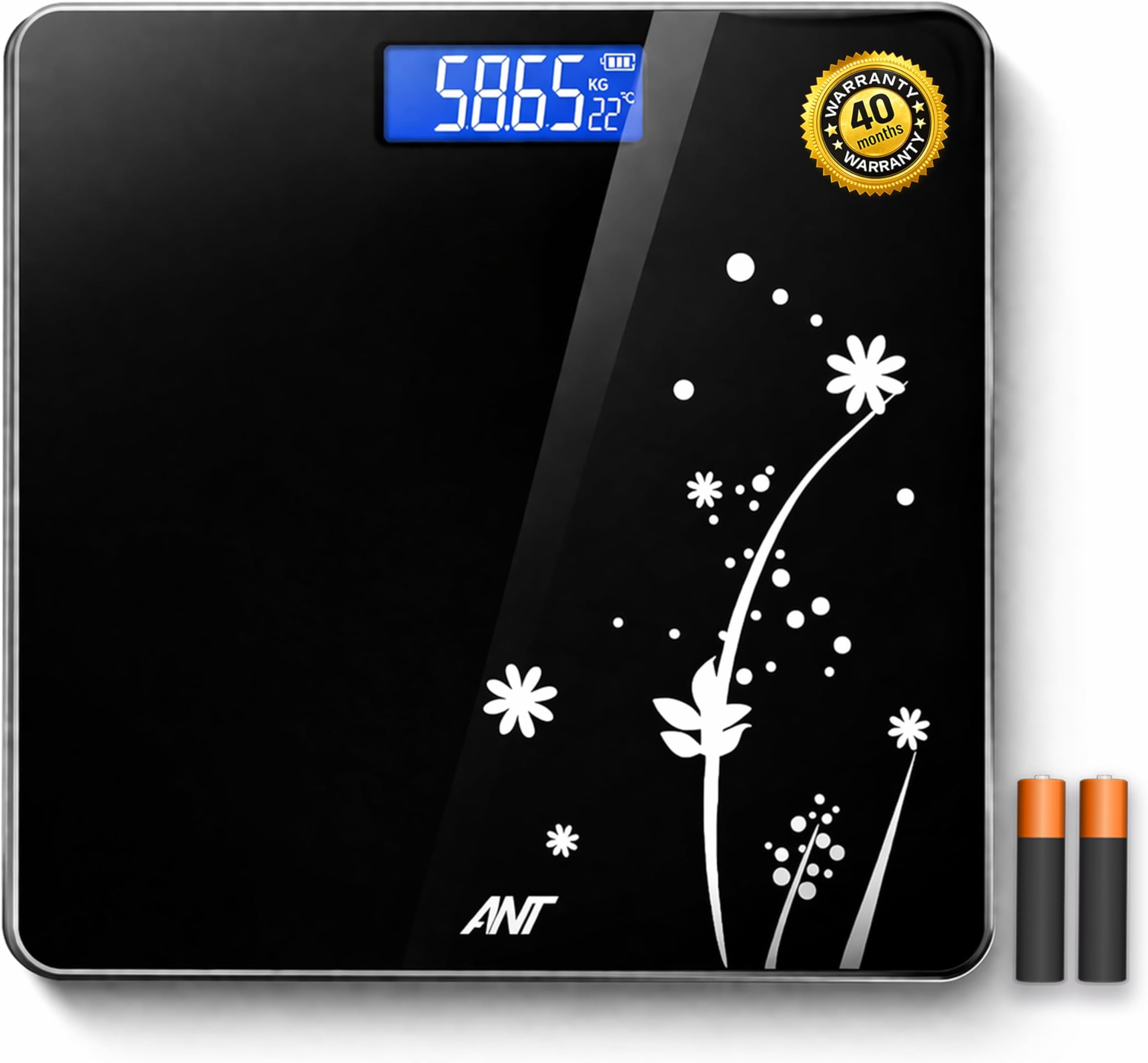 ANT Flora Bud Digital Body Weight Weighing Scale, 180kg Capacity, 50g Accuracy, 5mm Tempered Glass, High Precision Strain Sensor, LCD Display, Auto On/Off, 2 AAA Batteries Included, 40M Warranty