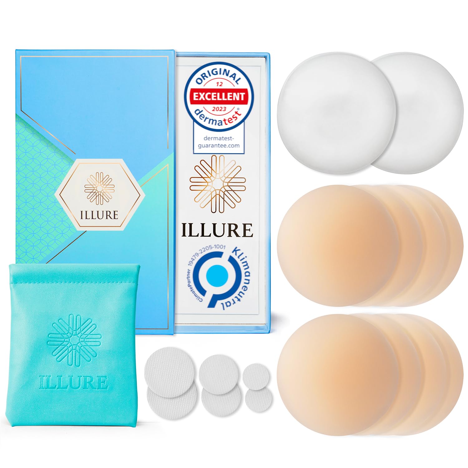ILLURE® Nippelpads – Damen Nipple Cover [4 Paar] mit Brustwarzenschutz - Nipple Pads wiederverwendbar & waschbar - dünne Selbstklebende Brustwarzen Nippelabdeckung aus hypoallergenem Silikon [8 cm]