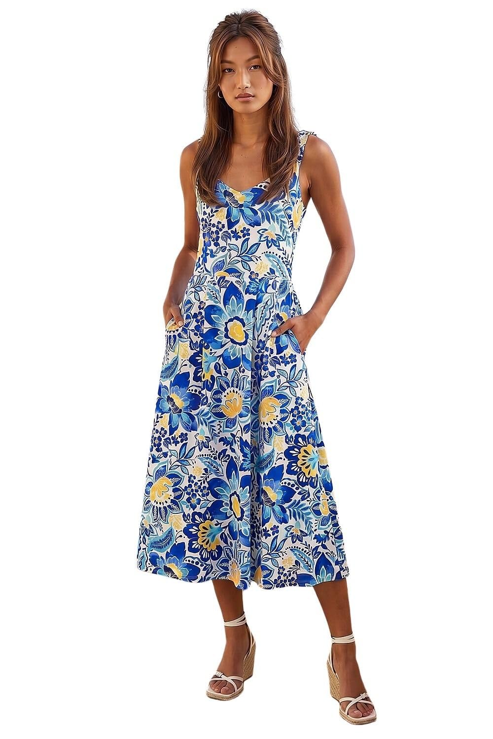 Roman Fit & Flare Dress for Women UK - Ladies Patchwork Geometric Tropical Floral Print Skater Stretch Jersey Swing Strappy Flattering Casual Summer Sleeveless - Blue Floral - Size 20