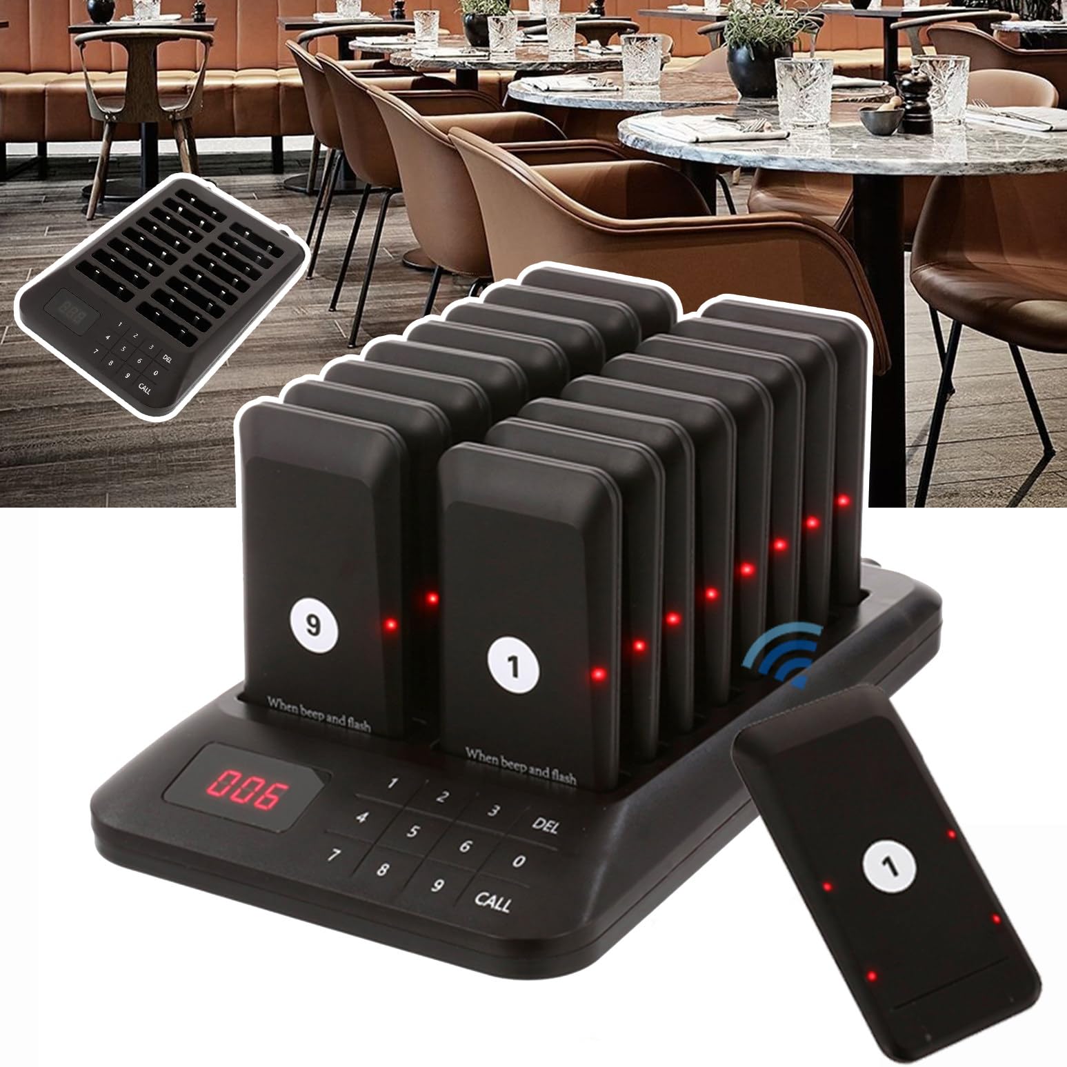 Bezprzewodowy System PrzywołAwczy Dalekiego ZasięGu W Restauracji, 2 Tryby MonitóW (Flash/Flash + Beep), 1 Klawiatura Do PołąCzeń Z Ekranem Dotykowym + 16 PageróW Coaster,Black